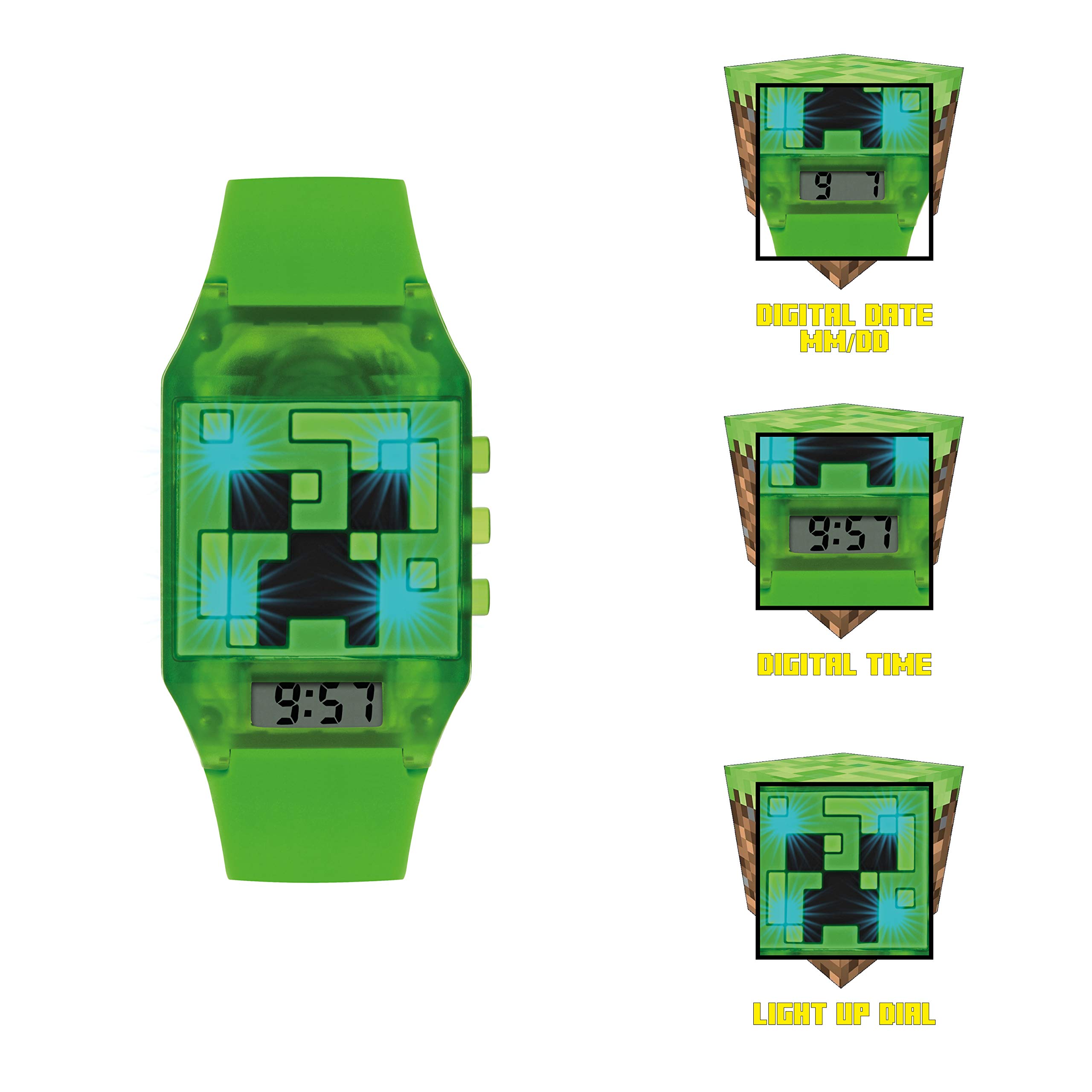 Minecraft Unisex Dziecięcy cyfrowy analogowy zegarek kwarcowy z gumowym paskiem MIN4014, ZIELONY, pasek