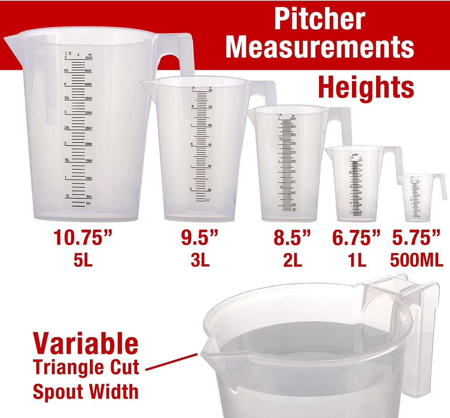 TCP Global 5 Piece Set of Plastic Graduated Measuring and Mixing Pitchers - 500, 1000 Quart, 2000, 3000, 5000 ml Gallon Sizes - Pouring Cups, Measure & Mix Paint, Resin, Epoxy, Kitchen Cooking Baking