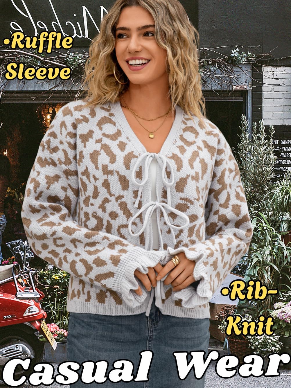 Womens 2000s Bow Cardigan, V-Neck Tie Open Front Loose, Leopard Ruffle Cuffs Knit Sweater, Cute Valentines Outfit - Image 4