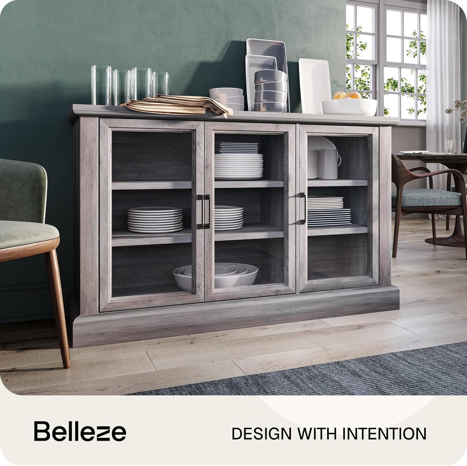 Diagram showing the dimensions and weight limits of the BELLEZE Sideboard Buffet Cabinet