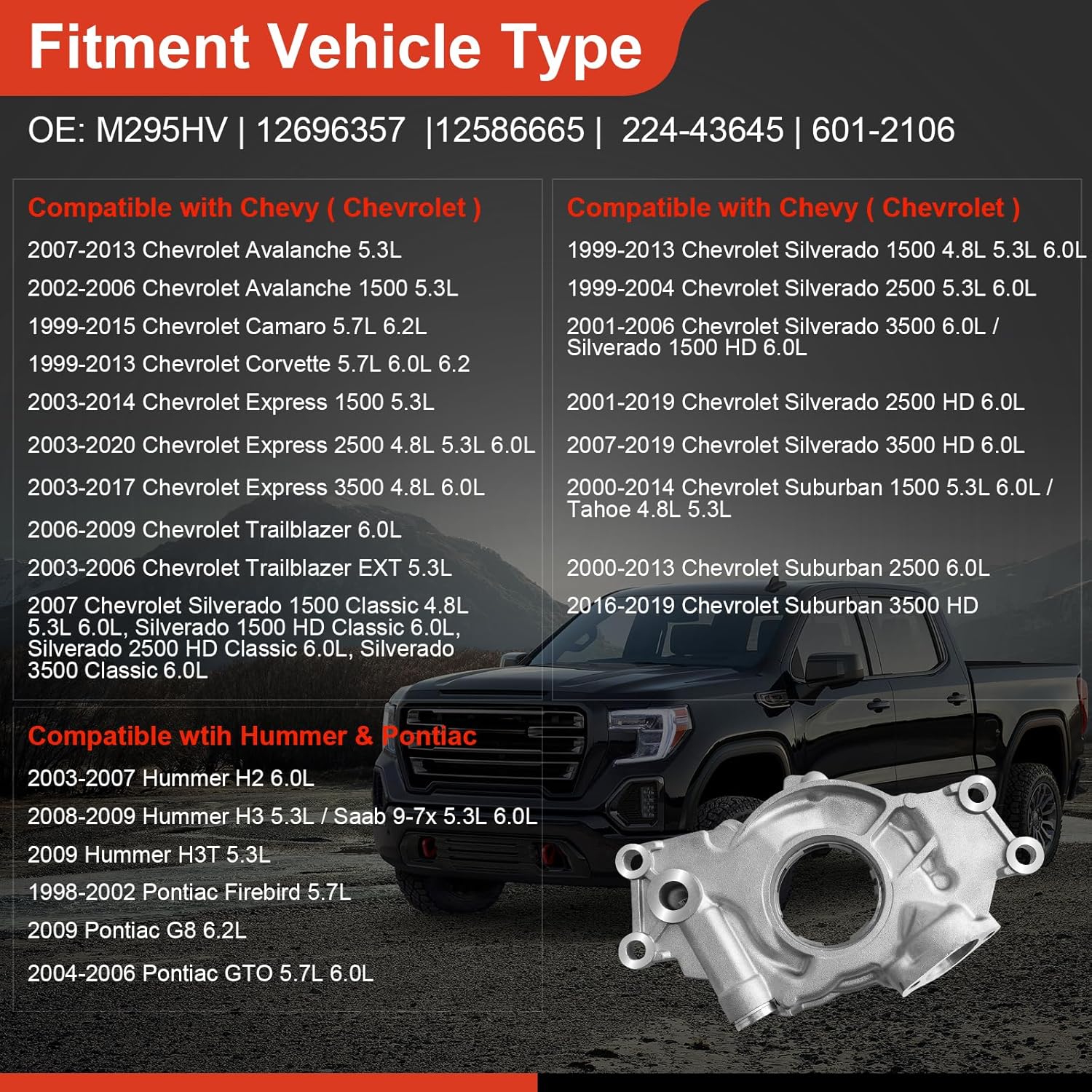 M295HV High Volume Engine LS Oil Pump Kit w/Gaskets & Bolts - for 1999-2020 Chevy Silverado/Tahoe/Avalanche/Suburban, GM Sierra/Yukon, Cadillac Escalade (4.8L/5.3L/5.7L/6.0L/6.2L)