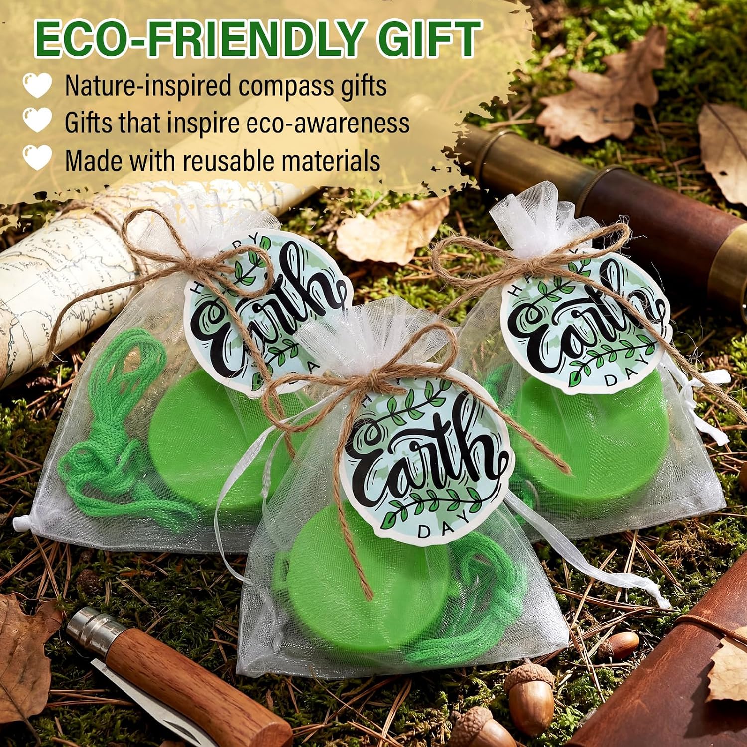 24 Set Earth Day Compass Party Favors Mini Green Compass Bulk with Tag Organza Bags Earth Day Giveaways Classroom Gift Small Compasses with Hanging Rope for School Prizes Reward Environmental Activity