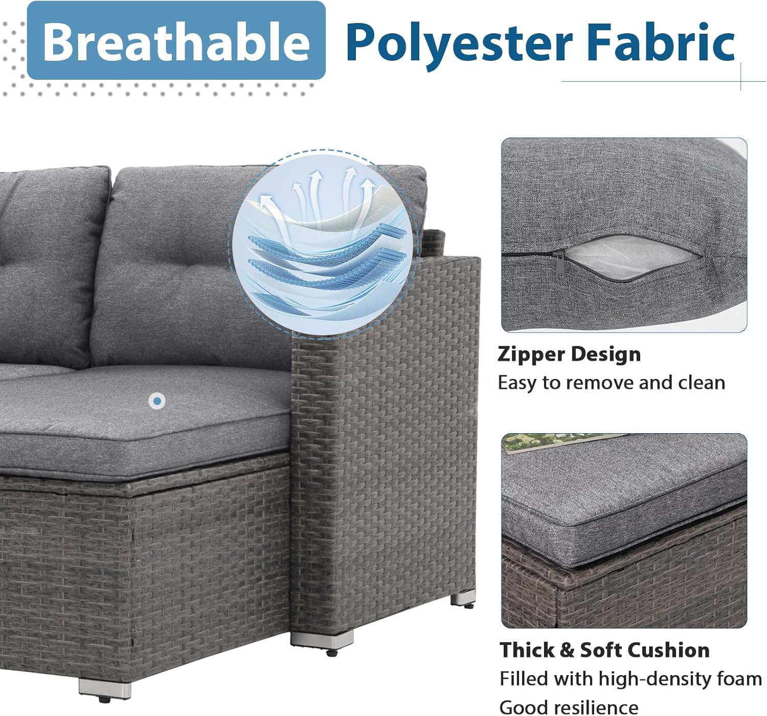 JOIVI 3-Piece Patio Furniture Set, Outdoor Wicker Rattan Sectional Sofa & Patio Couch with Cushions, Tempered Glass Coffee Table, All-Weather Sectional Set for Outdoor Patio, Gray