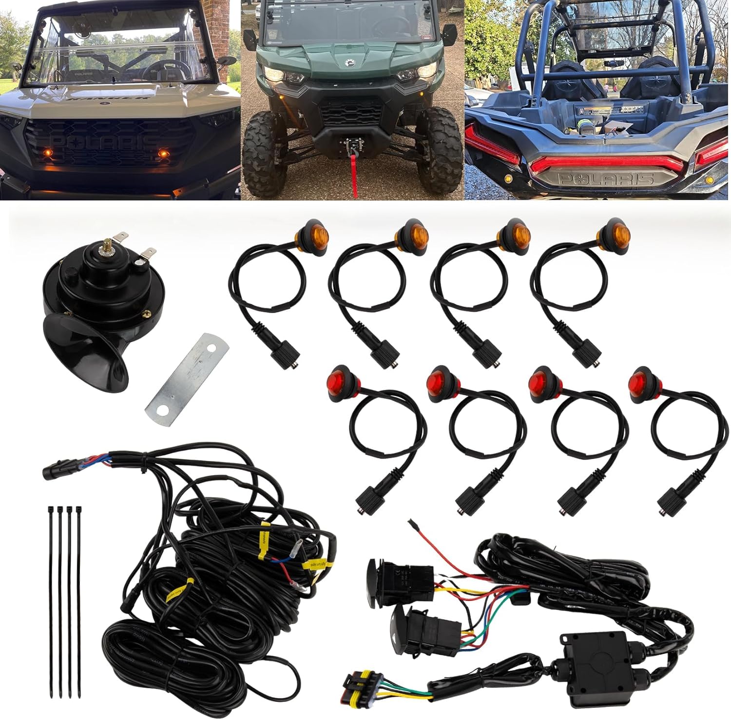 UTV Turn Signal Kit -PSLER UTV Blinker Kit With 1 Horn, 8 Signal Light,Pre-wired,Switch,Obstacle Light Harness,compatible with RZR 1000 XP,Ranger 1000,Commander Max