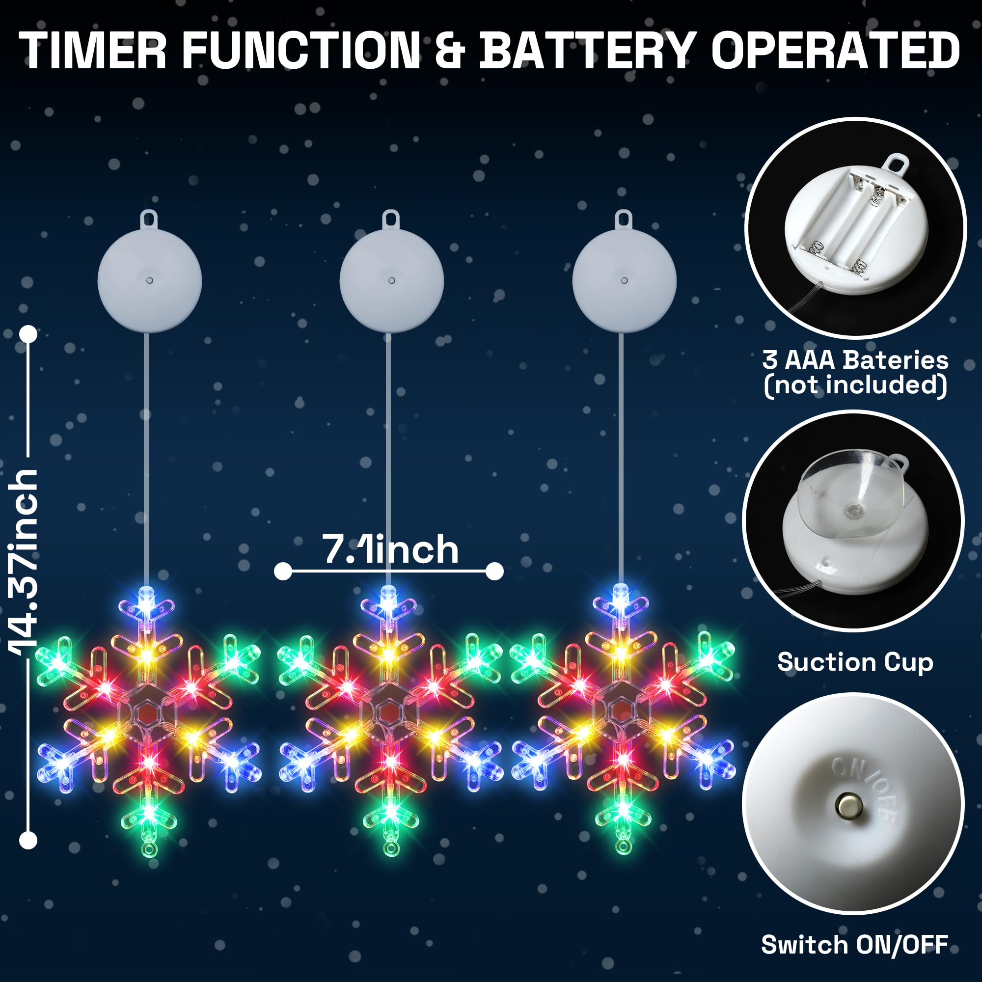 [Timer] Decorazioni natalizie per finestre, 3 pezzi con fiocco di neve luci natalizie con ventosa, luci a forma di fiocco di neve a batteria, decorazioni natalizie per interni ed esterni, camino