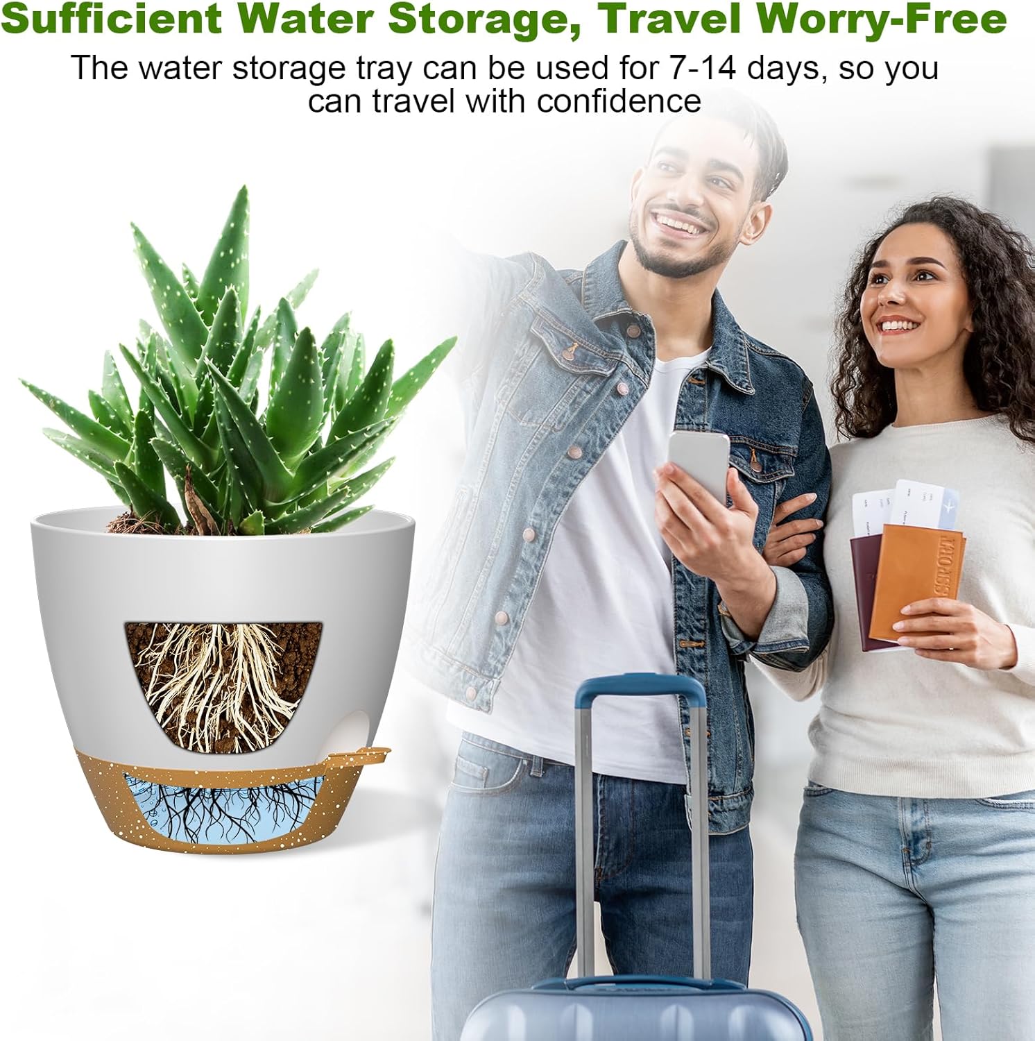12 Inch Large Self Watering Pots, Flower Pots with Multi-Mesh Drainage Holes and Saucer, Planters for Indoor and Outdoor Garden Plants (White with Brown)