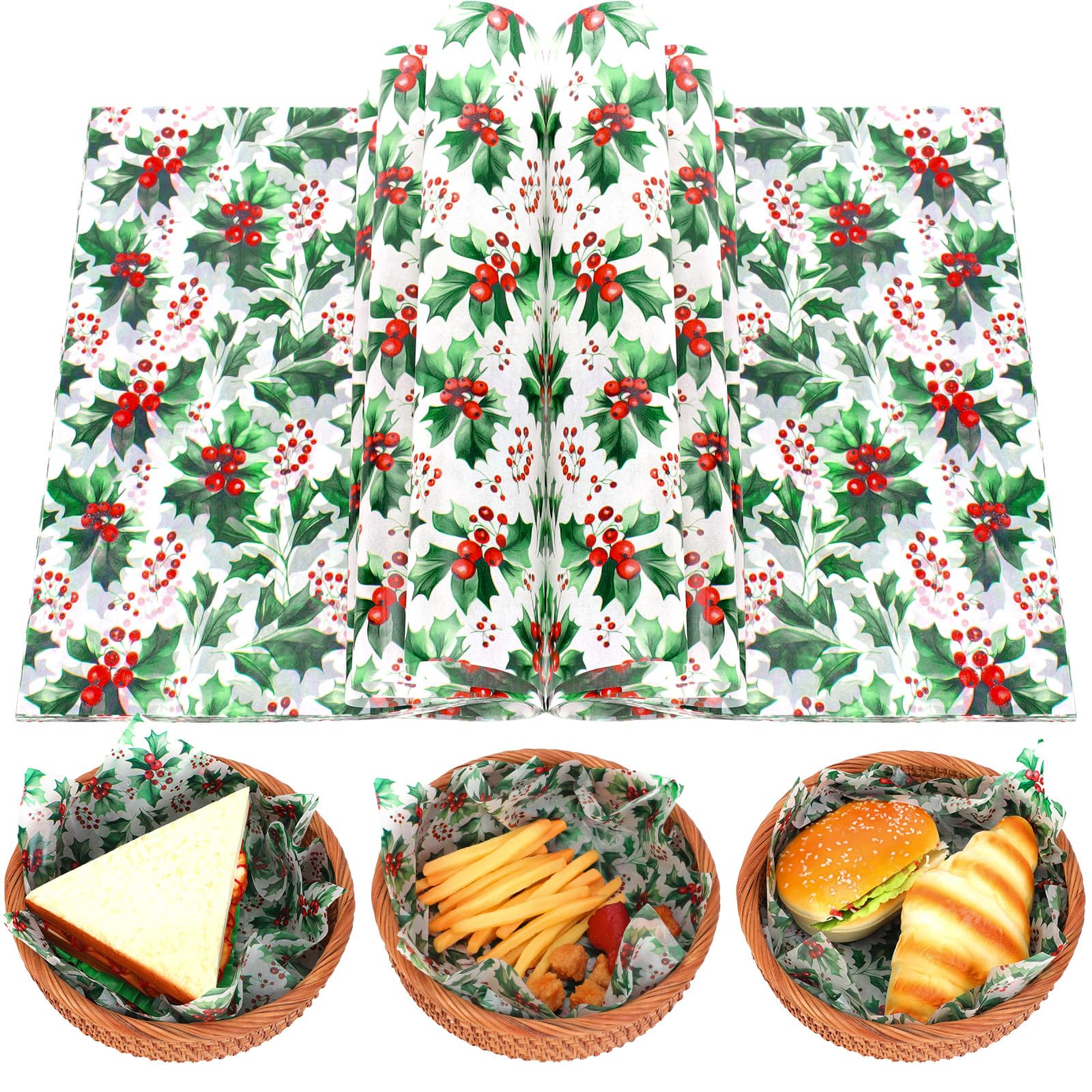 150Pcs Watercolor Xmas Berry Deli Paper, 9.8 x 8.3in Holly Berry Grease Proof Food Deli Paper Sheets Sandwich Wrap Grease Resistant Liners Greaseproof