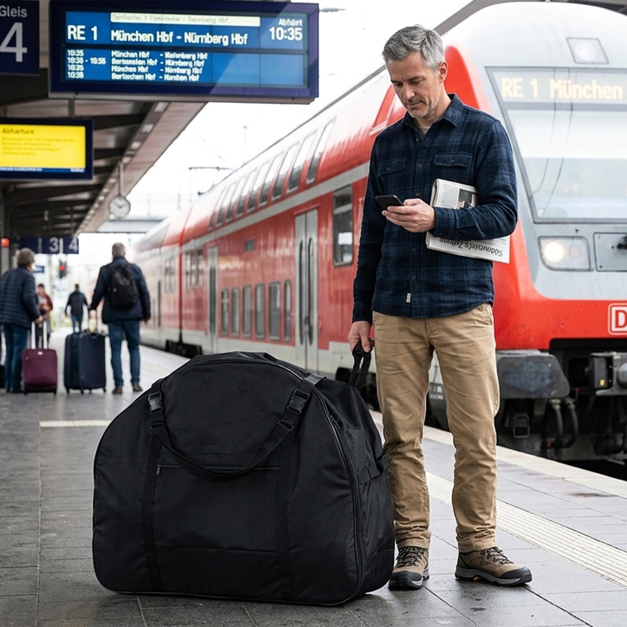 Sac de Transport Vélo Pliant et Électrique 20-22 pouces - Housse avec 3 roulettes pour un transport stable, rembourrée, fond renforcé et bandoulière, Noir