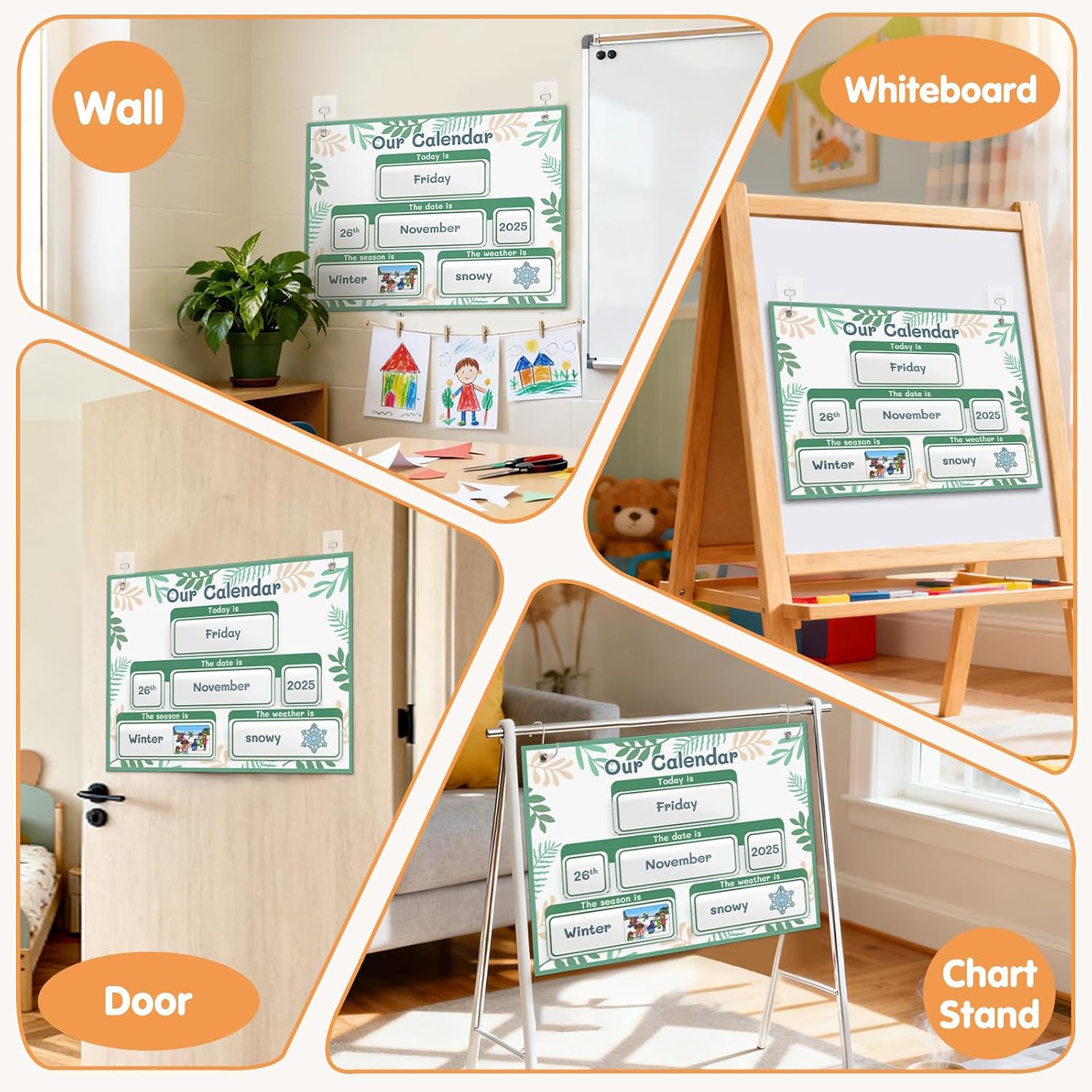 AKAYOK Classroom Calendar Pocket Chart with 70 Cards - Circle Time Calendar 2024-2028 with 2 Storage Pockets, Kids Calendar Perfect for Preschool and Homeschool Learning (Green Leaves)