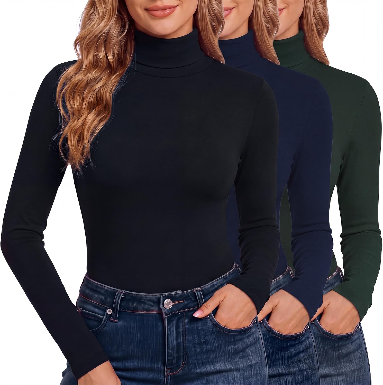  3 Pack Turtleneck Tops for Women, Long Sleeve Fleece-Lined Shirts thumbnail