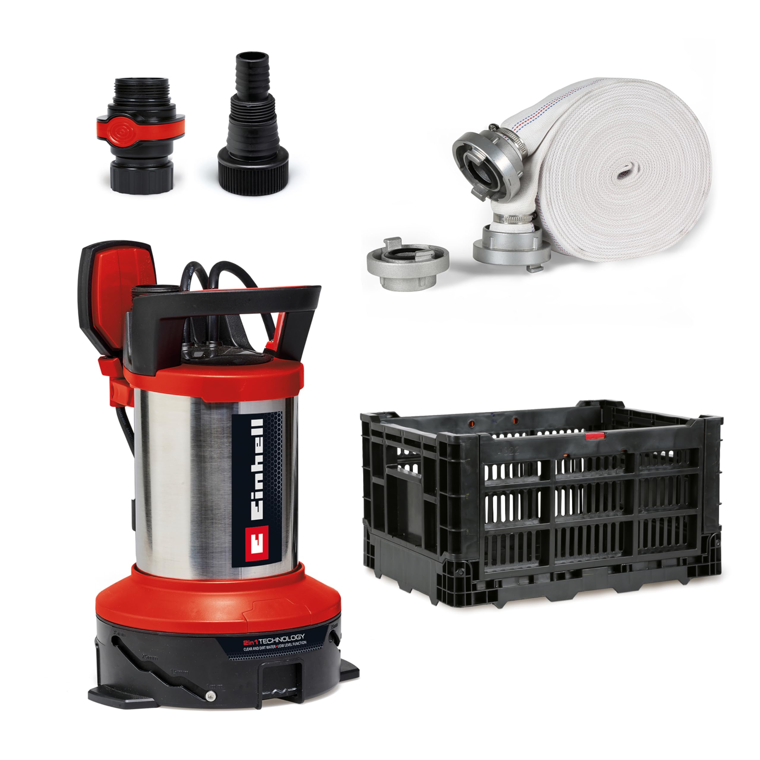Einhell Flutset GE-DP 7535 N LL ECO (750 W, bis zu Ø 35 mm Fremdpartikelgröße, max. 18.500 L/h Fördermenge, inkl. 10 m Gewebeschlauch, Universaladapter, Kunststoffbox)