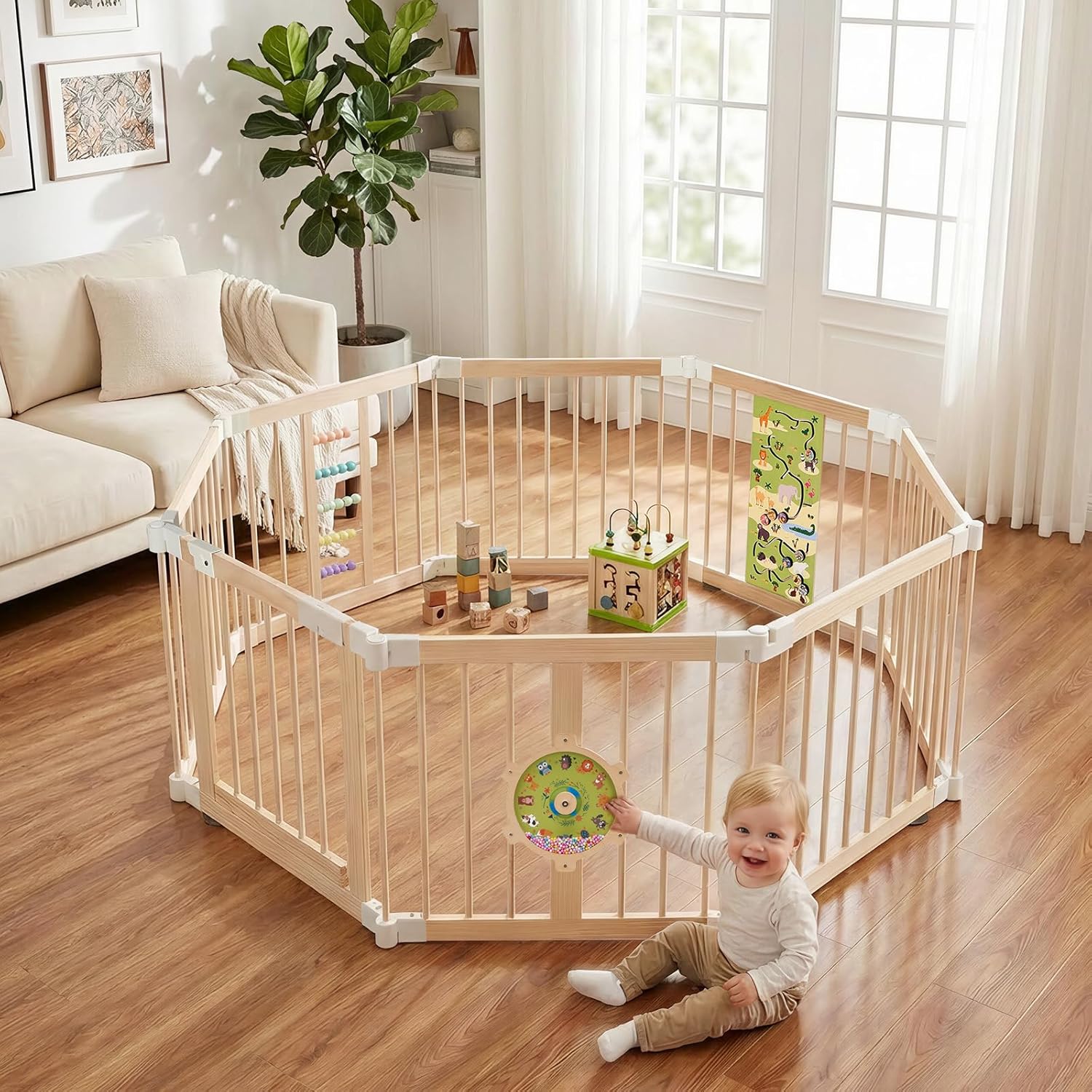 Wooden Baby Playpen, Large Foldable Play Yard for Babies and Toddlers, 57"x57"x24" Montessori Play Fence with Activity Center,Easy Fold & Safety Gate for Indoor Play Area