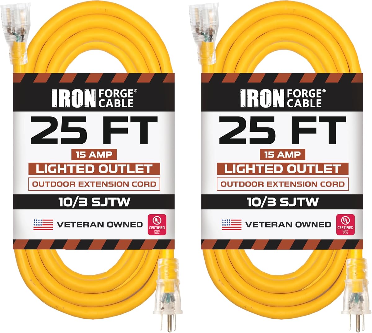 Cable Iron Forge Cable de extensión de calibre 10 resistente, 25 pies - Amarillo SJTW | Cable para exteriores 10/3, paquete de 2, extremo con bloqueo iluminado, enchufe con conexión a tierra de 3 clavijas, 15 amperios, resistente a la intemperie - para lugares de trabajo, garajes
