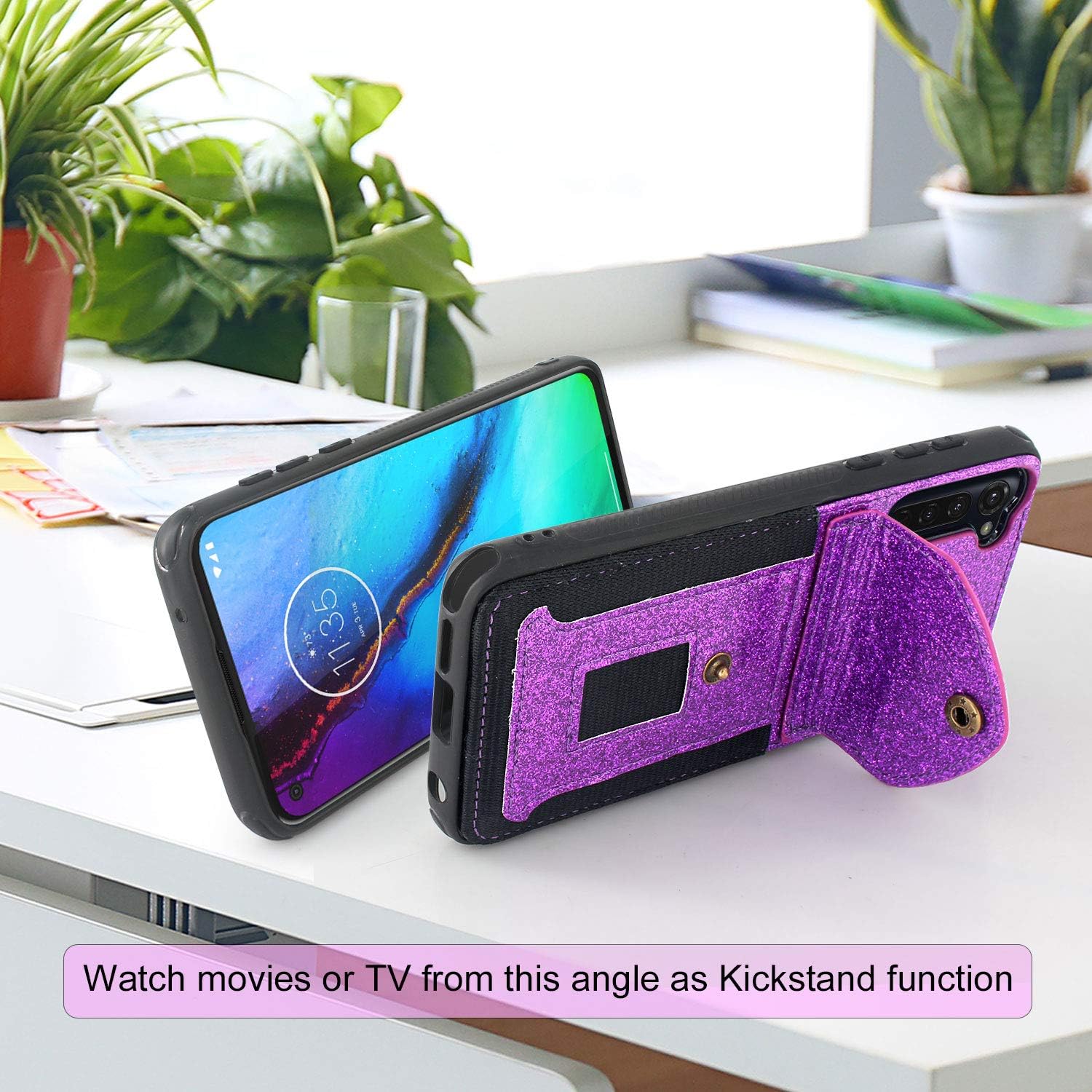 Lacass Slim Leather Wallet Case Protective Cover with Elastic Pocket Credit Card Slot Holder for Motorola Moto G Stylus/Moto G Pro 2020 Case (Bling Purple)