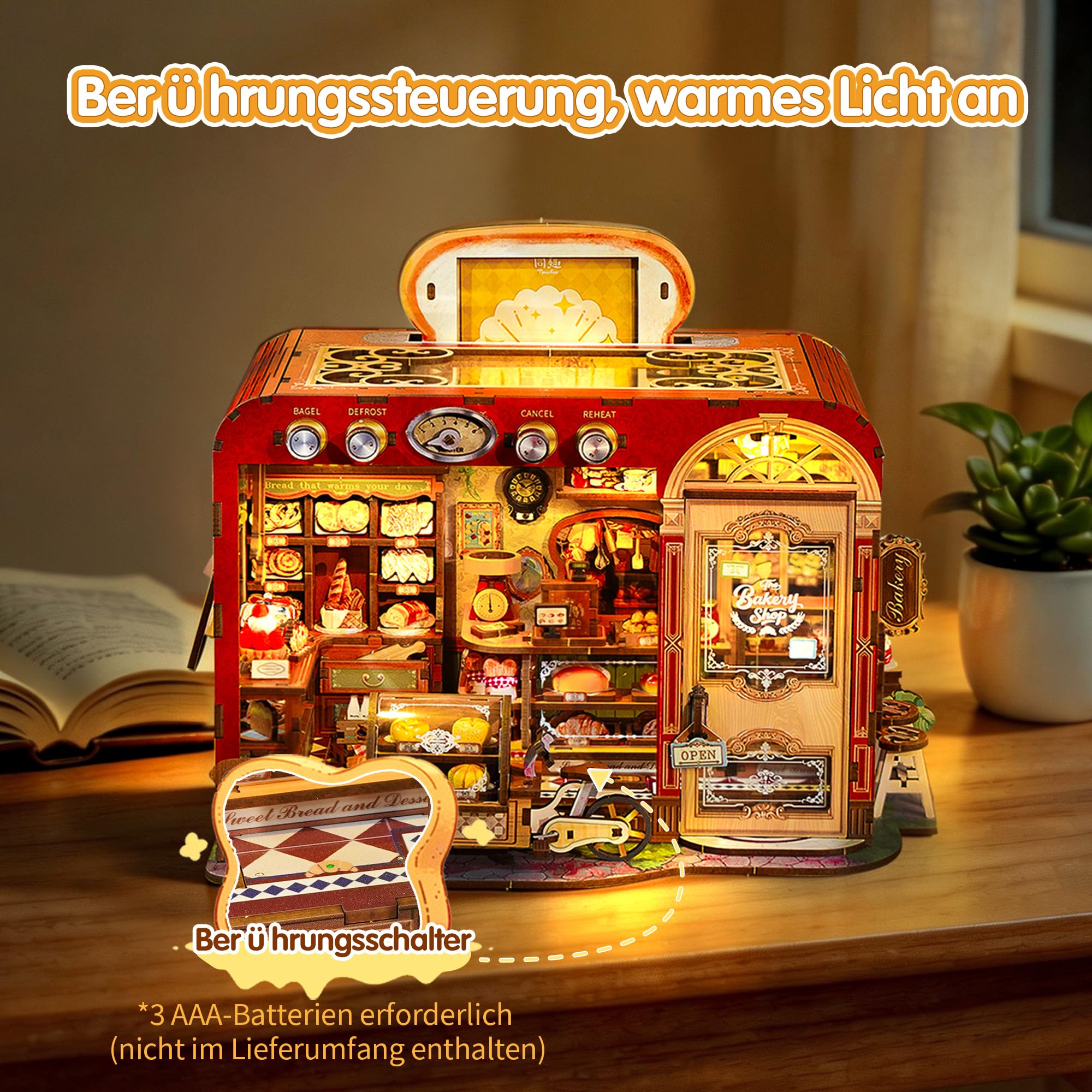Tonecheer Book Nook Kit | DIY Puppenhaus & Miniatur Haus Selber Bauen | Modellbausatz für Erwachsene mit LED | 3D Puzzle Bücherstütze | Deko für Bücherregal (Toast-Bäckerei)