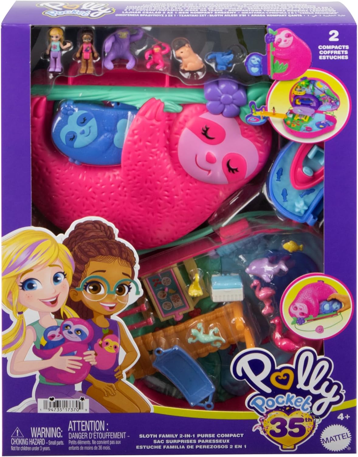 Polly Pocket Playset & Travel Toy with 2 Micro Dolls & 12 Accessories, Animal Toy, Sloth 2-in-1 Purse Compact