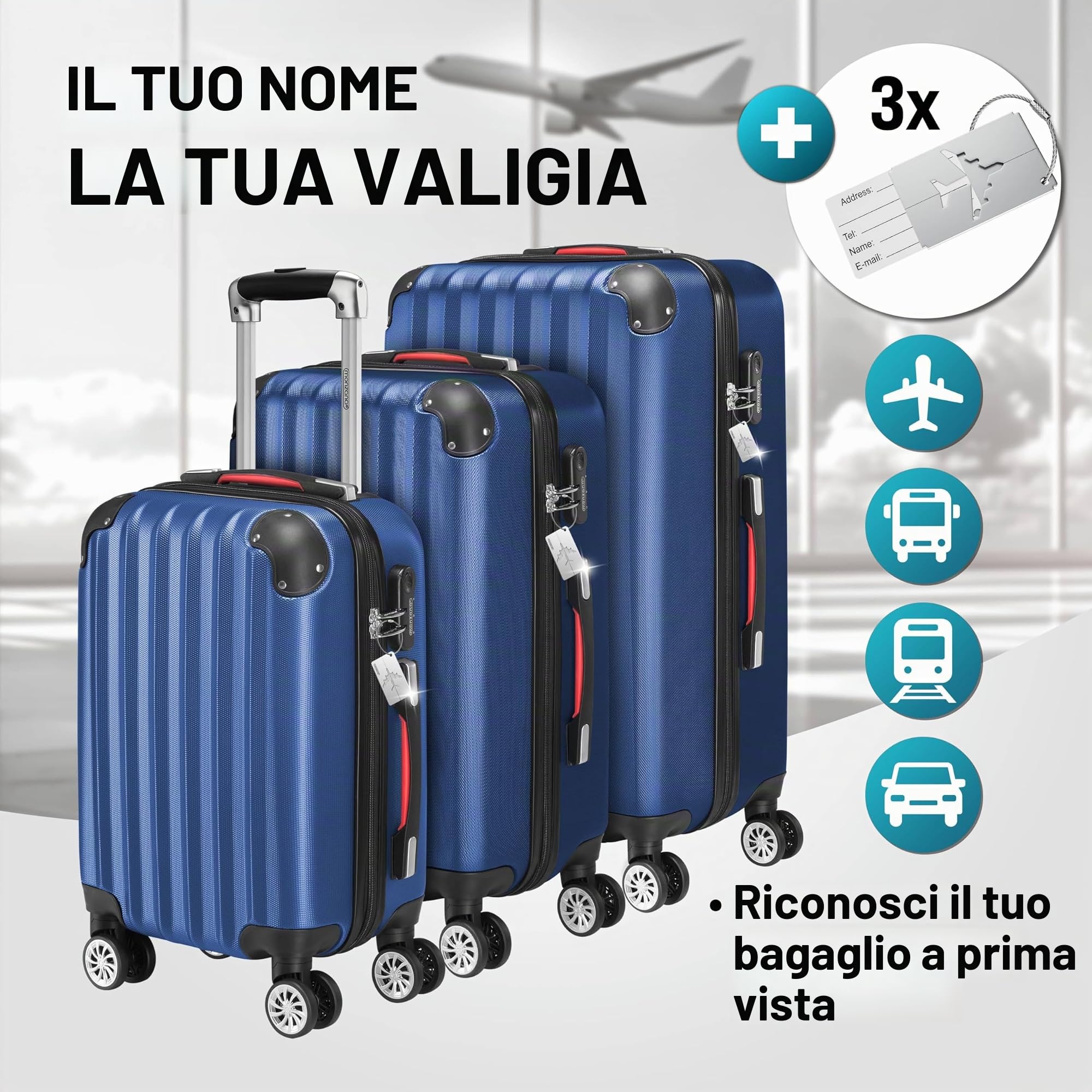 Monzana® Set di Valigie 3 Pezzi con Lucchetto Organizer Cinghia Maniglie Ruote Doppie Piedi Trolley Rigido M-L-XL