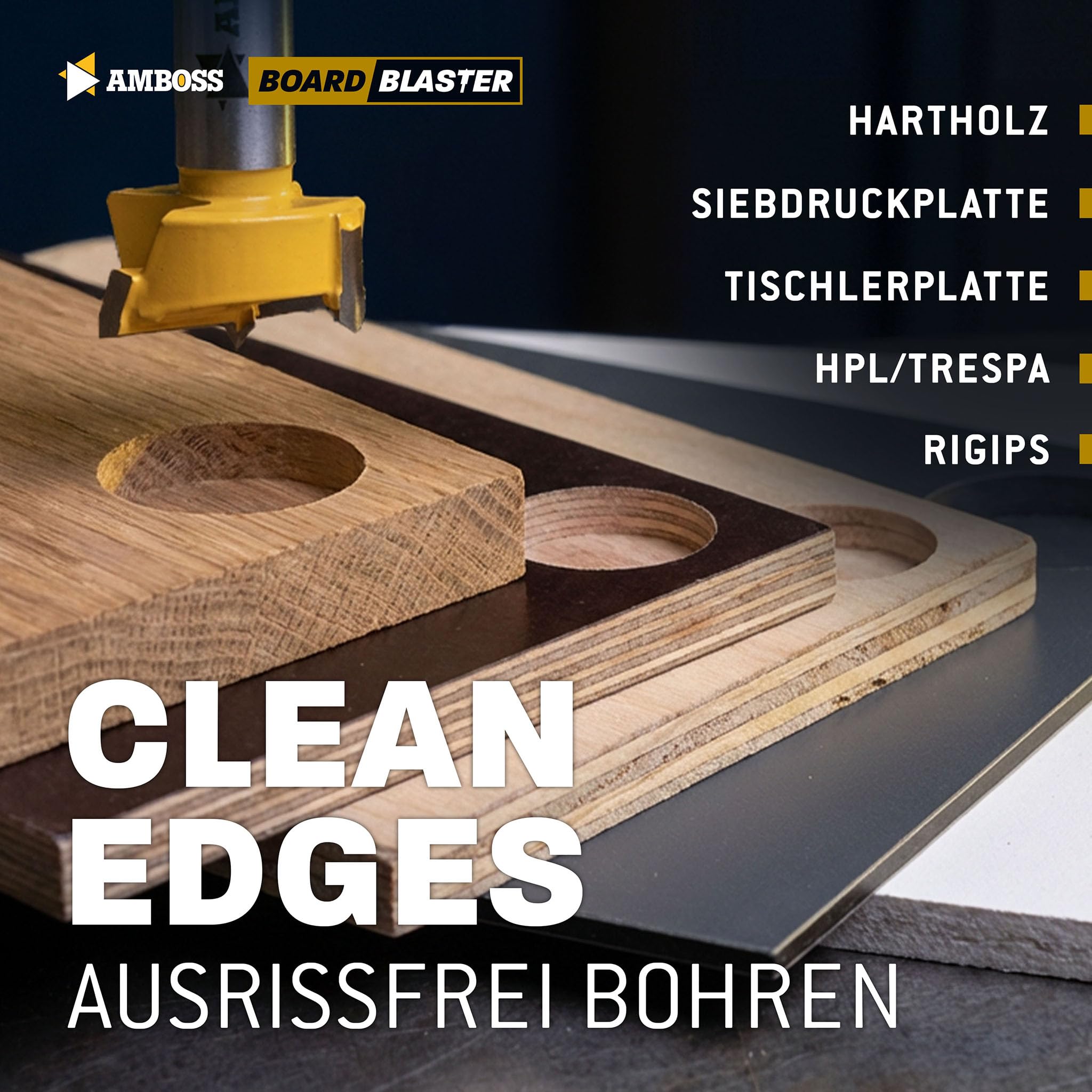 Forstnerbohrer Set (5-tlg. / Ø 15-35 mm) – Amboss Werkzeuge BOARDBLASTER Hartmetall Holzbohrer 15/20/25/30/35 mm – präzise Bohrungen Holz & Plattenwerkstoffe (Spanplatten, OSB-Platten, Multiplex)