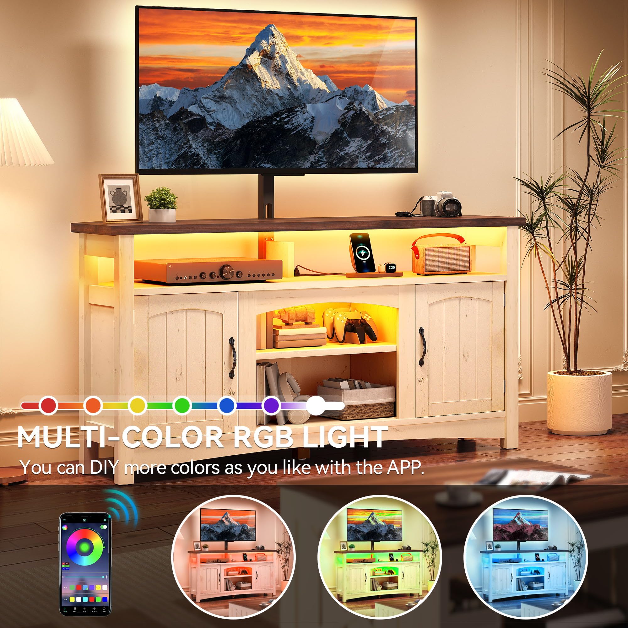 YITAHOME Farmhouse TV Stand for 75/70 Inch TV Entertainment Center with TV Mount, LED TV Stand for Living Room with Storage & Power Outlets, Walnut & Warm White