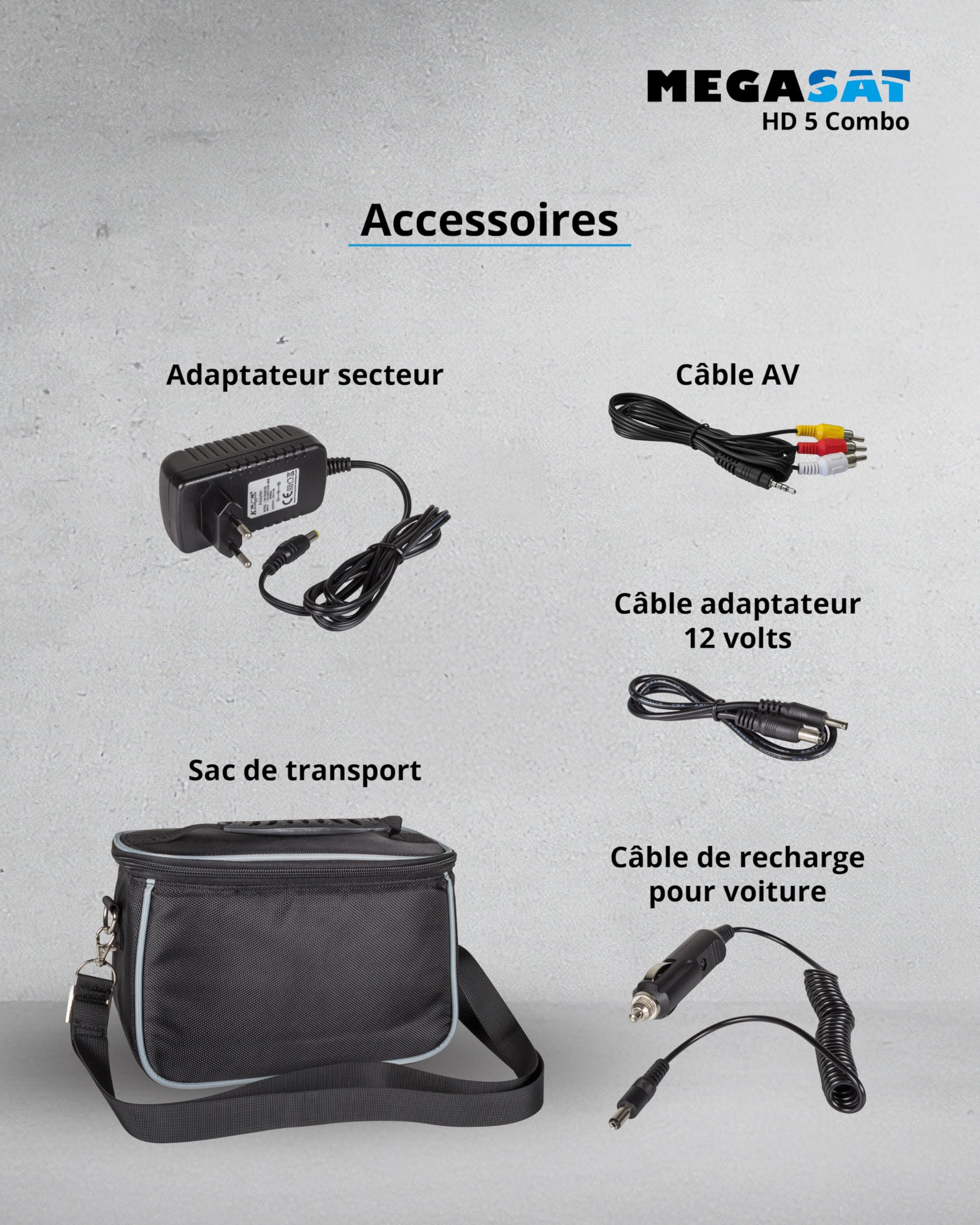 Megasat HD 5 Combo – Appareil de Mesure (pour DVB-S, DVB-S2, DVB-T, DVB-T2, DVB-C, Affichage en Direct TV, Unicable, écran Couleur 5″, Batterie, Lampe)
