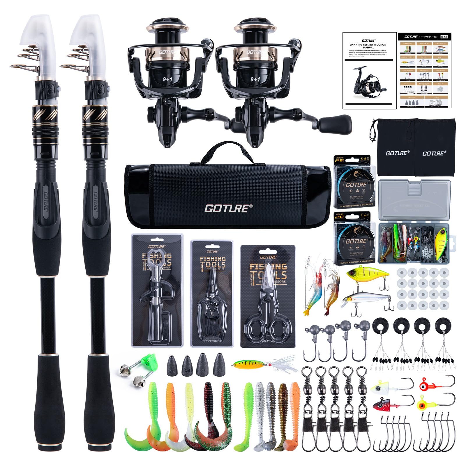 Goture Double Fishing Rod and Reel Combos with Carry Bag, Telescopic Pole Spinning Reel Lures Set, Telescopic Fishing Rod Fishing Kit for Travel Saltwater Freshwater B 2.4M