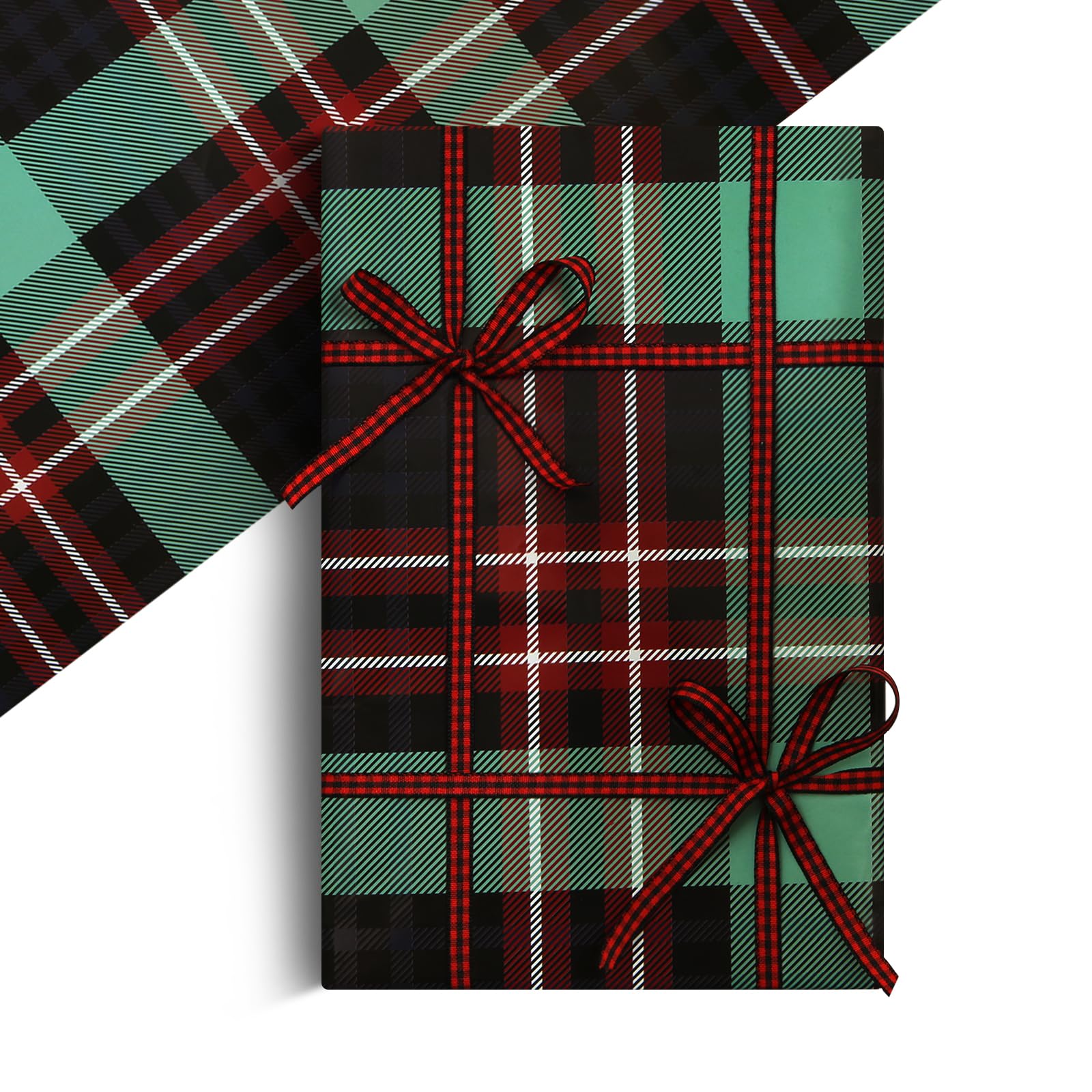 Buffalo Plaid Wrapping Paper, Black and Red Tartan Plaid Design Christmas Theme Gift Wrap Papers, 4 Sheets Folded Flat Classic Vintage Art Paper with Gingham Ribbon Set for Xmas, Birthday, Holiday