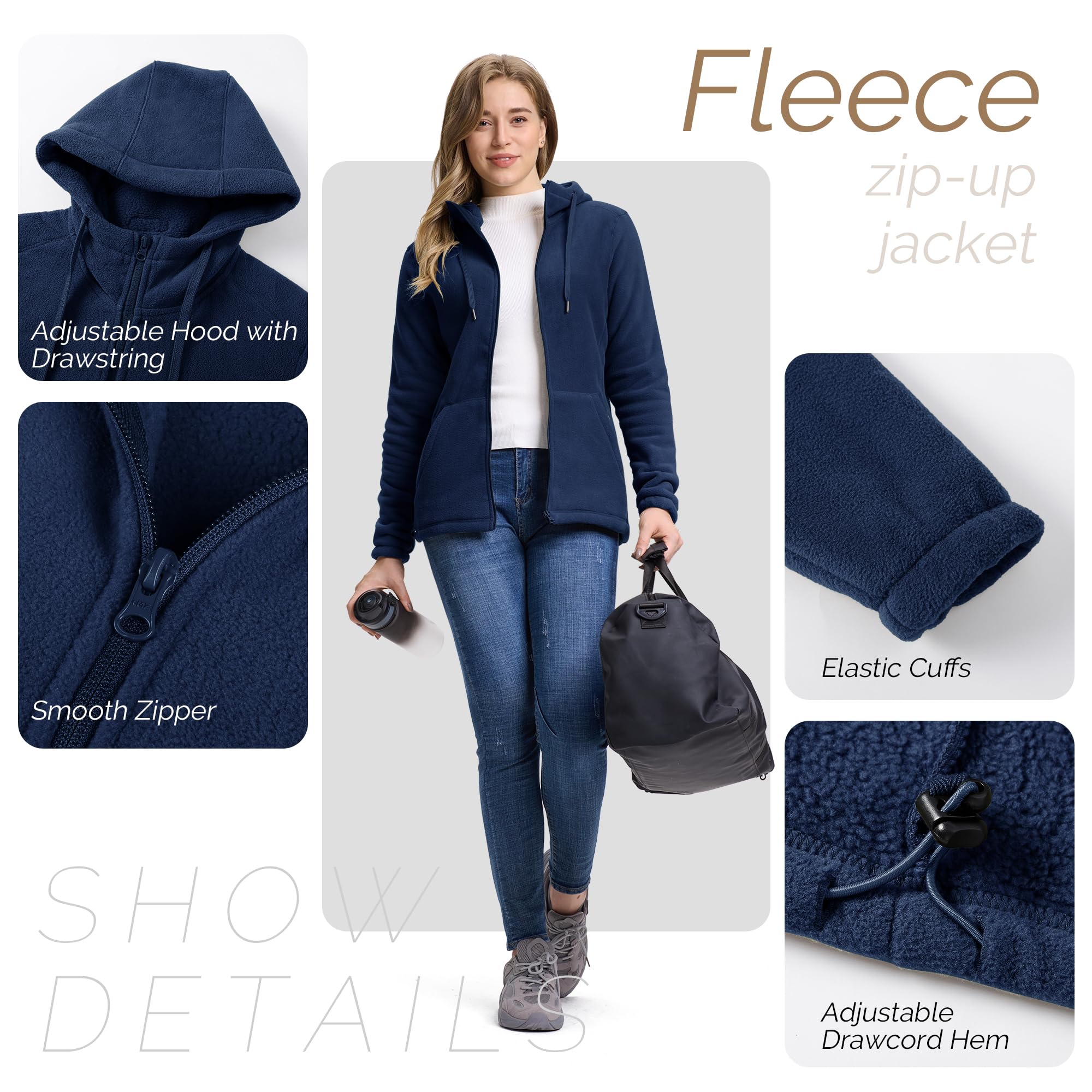 Outdoor Ventures Damen Fleecejacke mit Durchgehendem Reißverschluss Hoodie Frauen Fleece Sweatjacke Warm Kapuzenjacke Outdoor Damenjacke mit 6 Taschen für Wandern und Freizeit