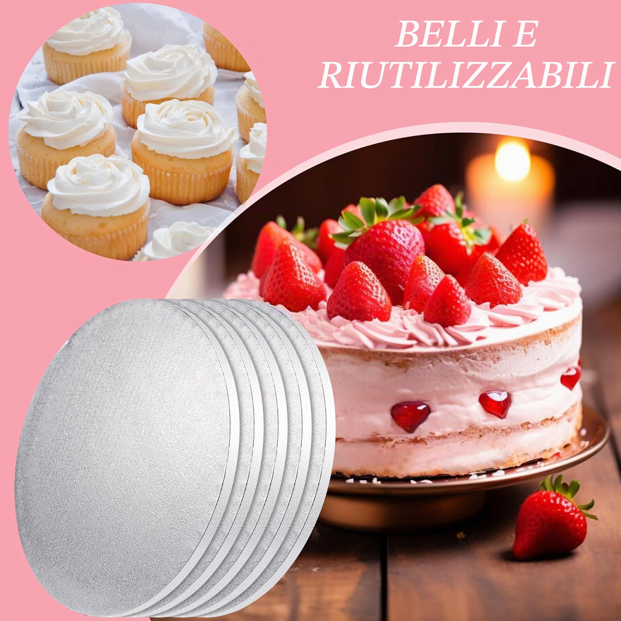 Sottotorta Tondo Cake Board 12 mm - Ø 30 cm - Argento - 5 Pezzi Cake Drum Rotondo, Vassoio Torta in Cartone, Riutilizzabili Base Torta Rivestita per Decorazione, Matrimoni, Compleanno