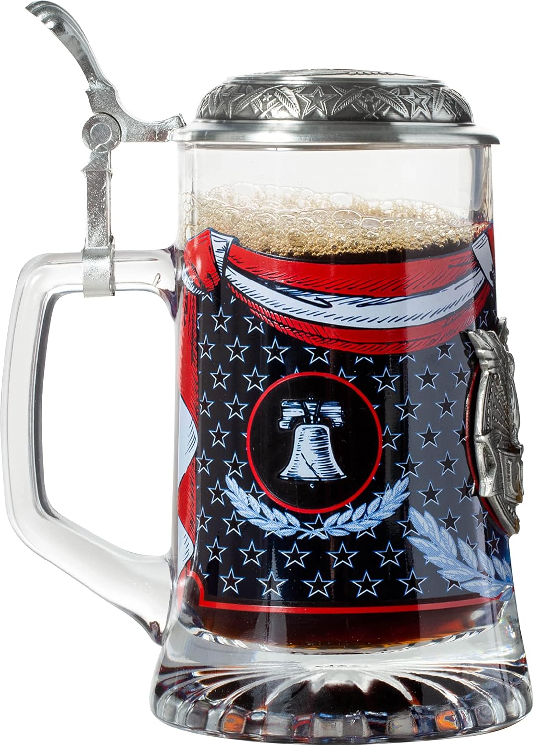 Artisan Owl USA Banner and Bald Eagle Metal Icon Glass Beer Stein with Metal Lid and Thumb Lift
