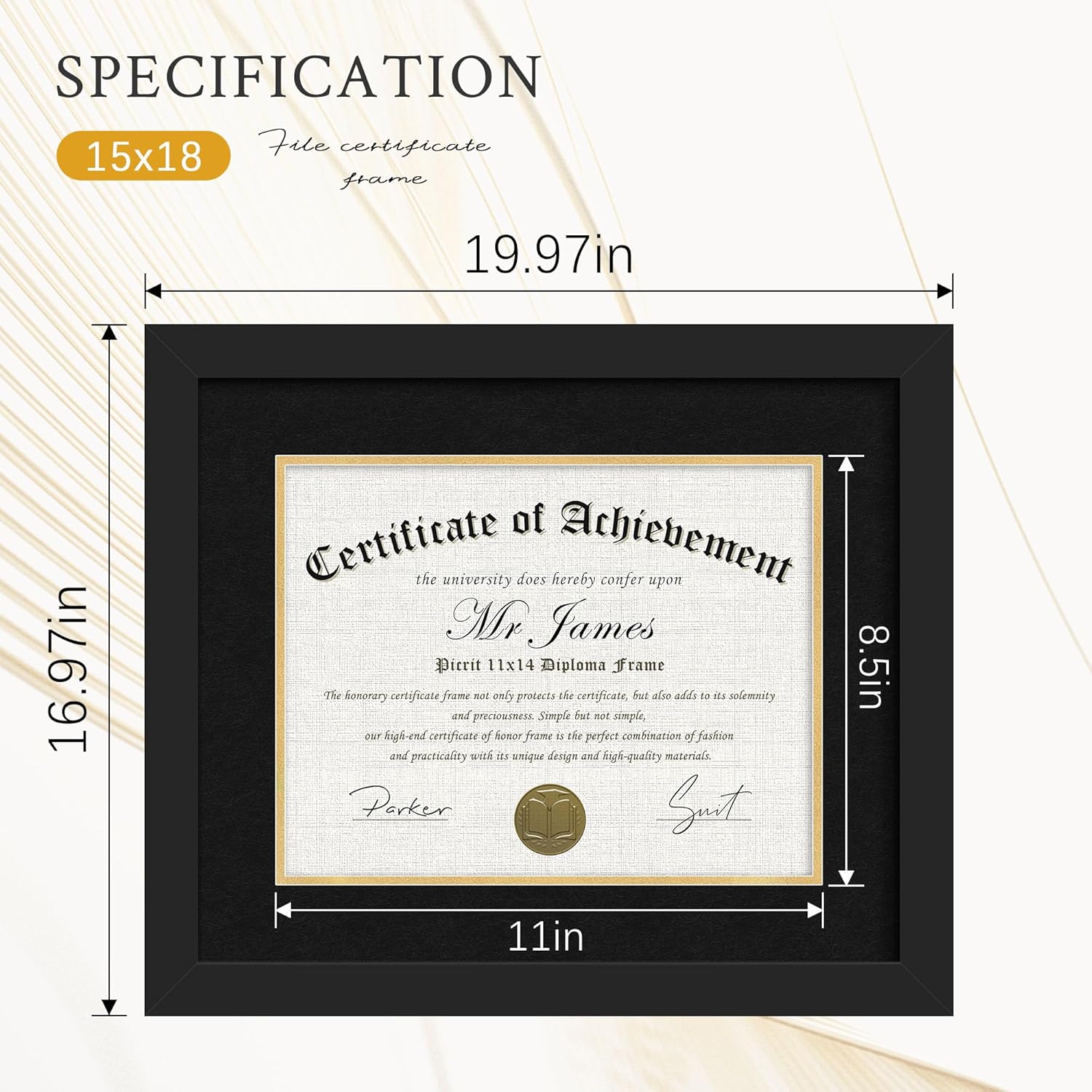 Picrit 11x14 Black Wood Diploma/Document Frame with Tempered Glass & Black over Gold Mat, and Display 15x18 Degree Certificate Frame without Mat for Wall, 1 pack
