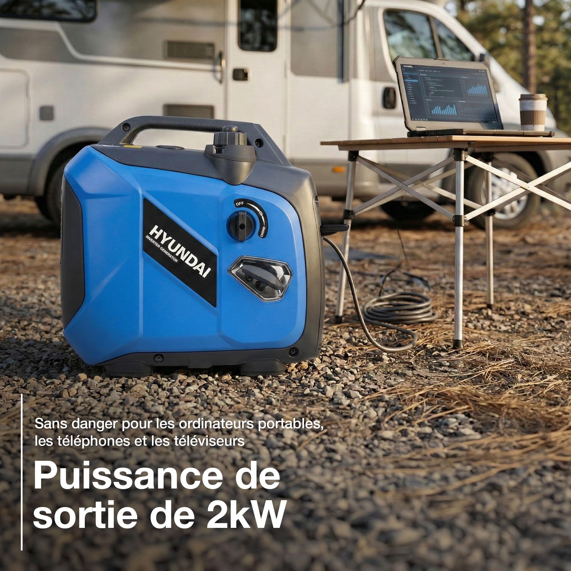 Hyundai Generador Inversor 2.0 kW Gasolina, 1800 W Potencia continua, Inversor de seno puro, Silenciador portátil con enchufe de la UE