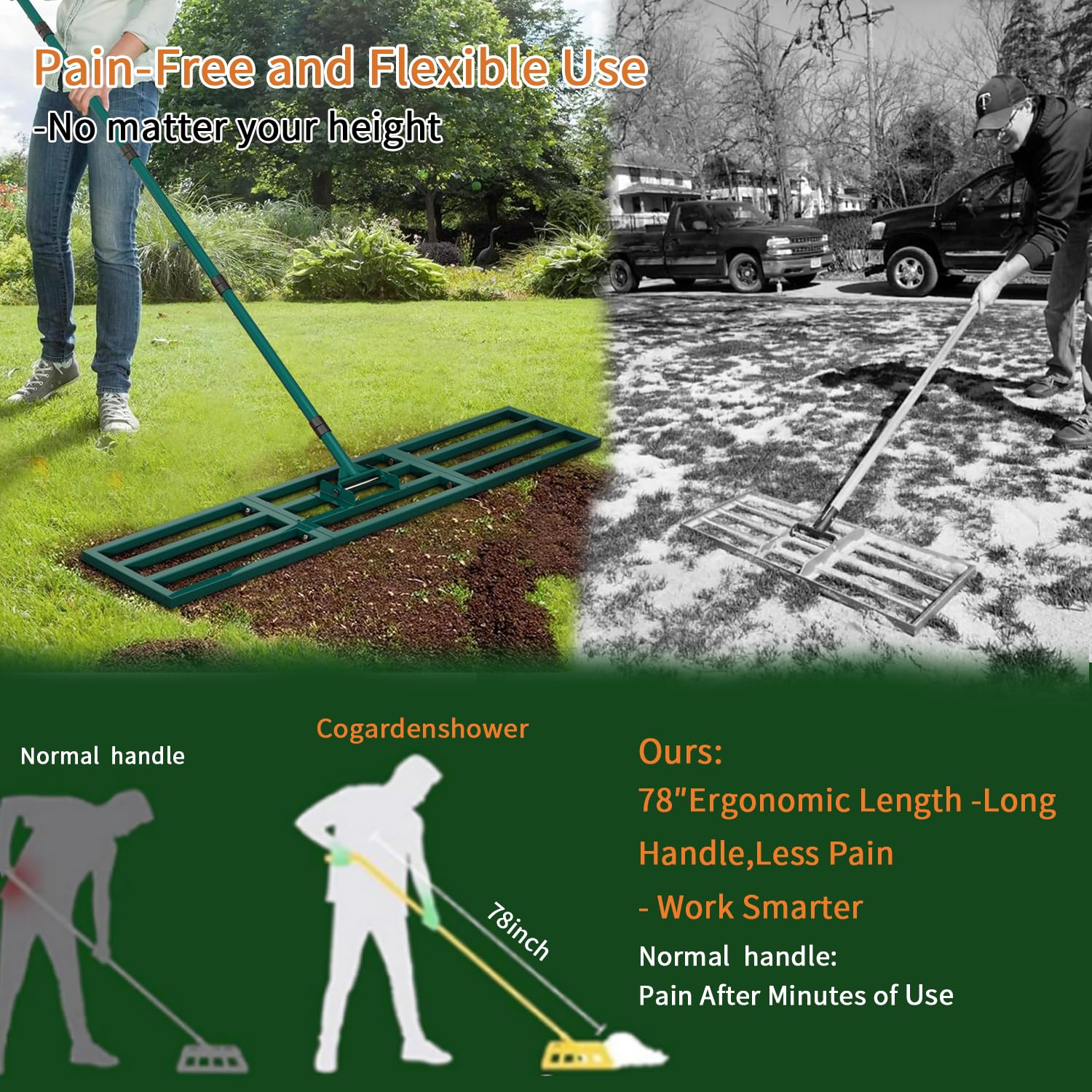 Rastrillo nivelador de césped de acero inoxidable resistente de 45 x 10 pulgadas con mango largo ajustable de 78 pulgadas para tierra, suelo, aderezo de patio, campo de golf, herramientas de jardín