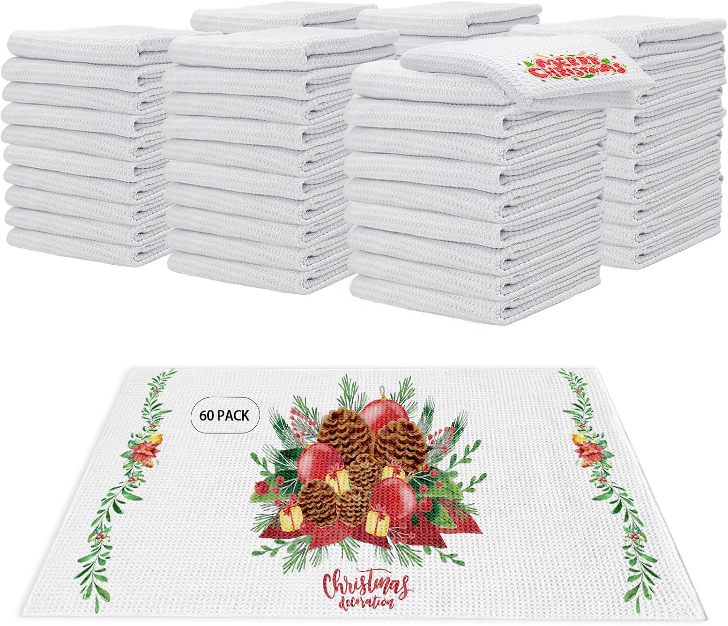 YOUKE OLA 60 Pack Sublimation White Towels Waffle Weave Kitchen Towels Blanks Microfiber Dish Drying Towel for Heat Transfer 16 x 24 Inch