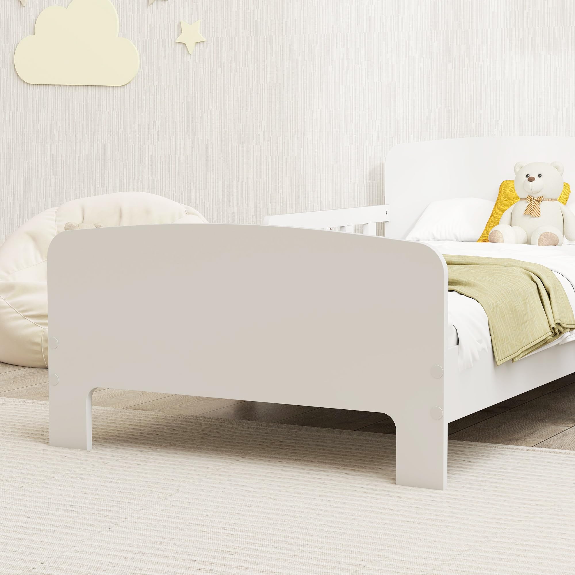 AIYAPLAY Lit Enfant, Lit au Sol Enfant, pour Matelas 140 x 70 cm, Blanc | Barrières de Sécurité Haute, Sommier à Lattes, Cadre Robuste, pour Fille et Garçon de 3 à 8 Ans