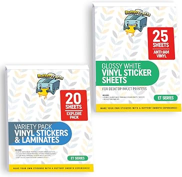 Glossy Printable Vinyl Sticker Paper 25 Sheets + Printable Vinyl Sticker Paper Sample Pack for Epson Printers