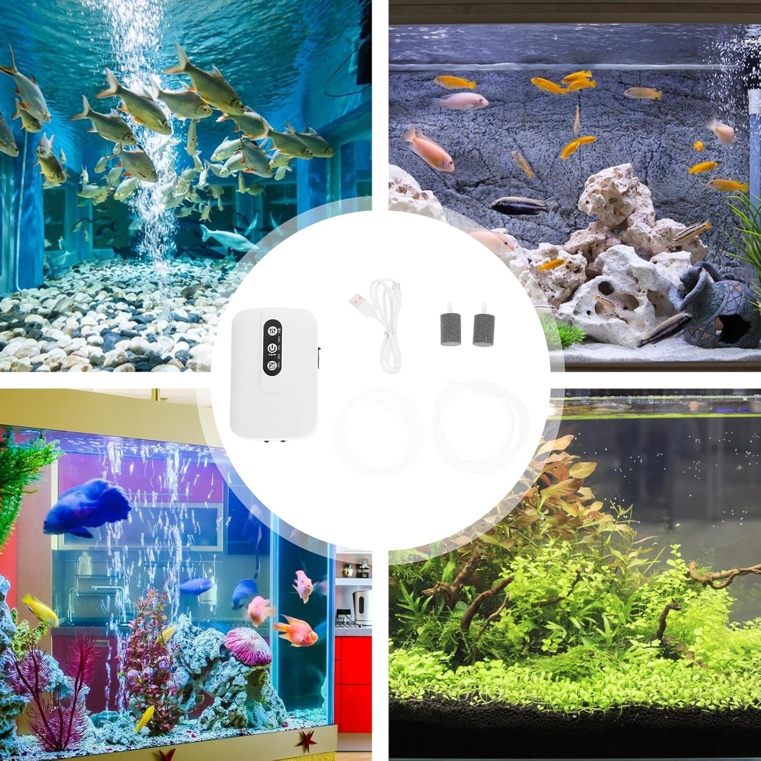Rechargeable USB Aquarium Air Pump Dual Outlet Adjustable Oxygen Pump for Fish Tank Aeration Battery Powered Oxygen Supply for Home and Outdoor Use