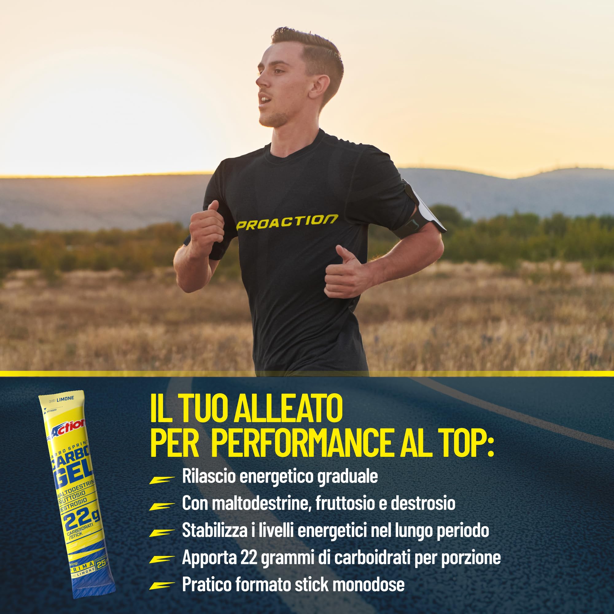 ProAction Carbo Sprint Gel Energetico | Gel Carboidrati per Ciclismo, Running e Corsa | Energy Gel Sport 22g Carboidrati per Stick | Box da 25 pz
