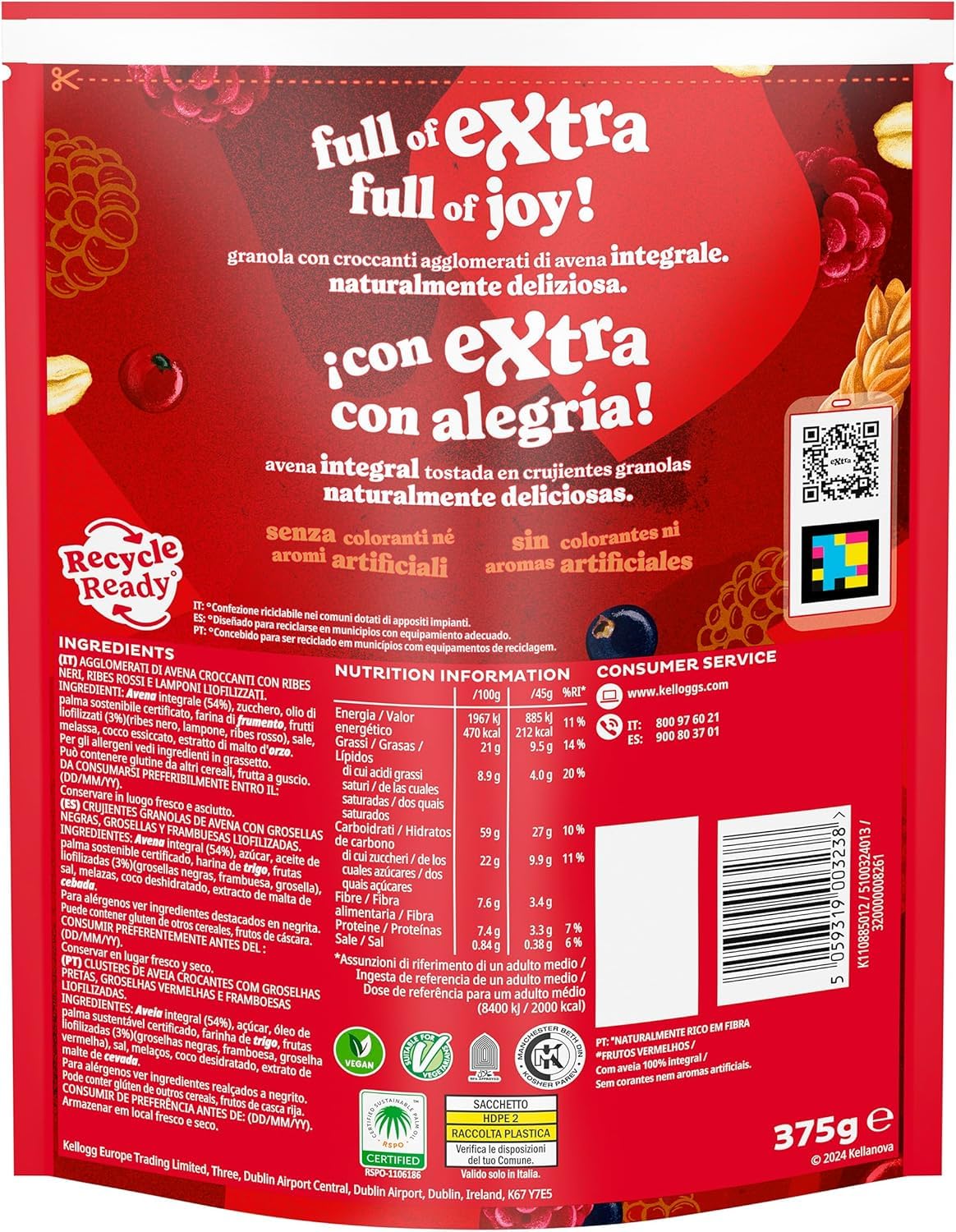Italian Gourmet Knusper-Granola cereali frutti rossi 12 x 375g Frühstück | Mix ricco di fibre per latte o yogurt; crunchy Müsli mit Beeren, praktische, Gesamtnettogewicht 4,5 kg + Kostenlos Polpa 400g