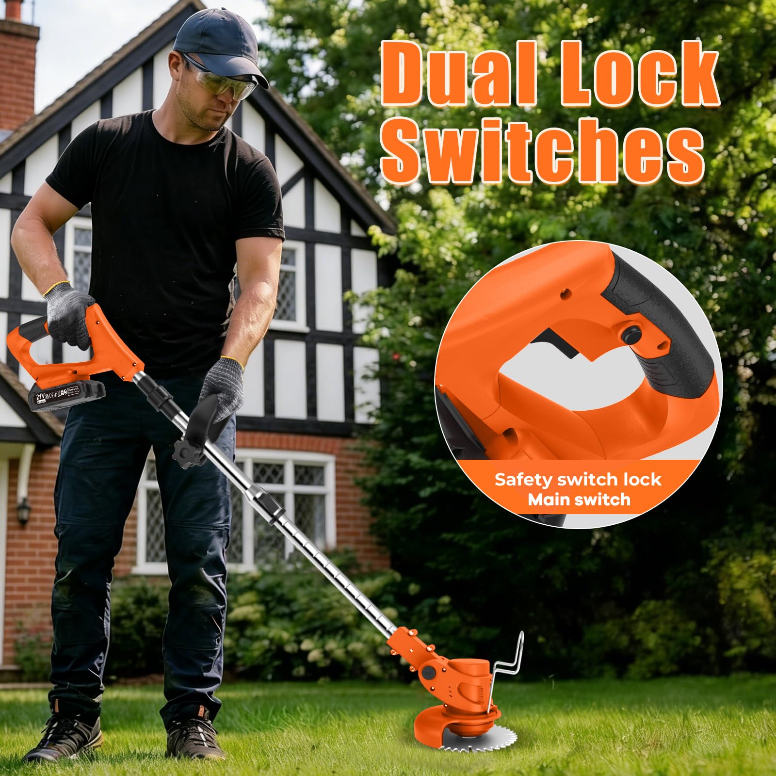 Cordless Strimmer with 4 Blades and 2 x 21V 2000mAh Battery, Garden Strimmer with Foldable Design and Adjustable Telescopic Shaft, Grass Trimmer for Lawn, Bushes and Yard - Orange — view 7