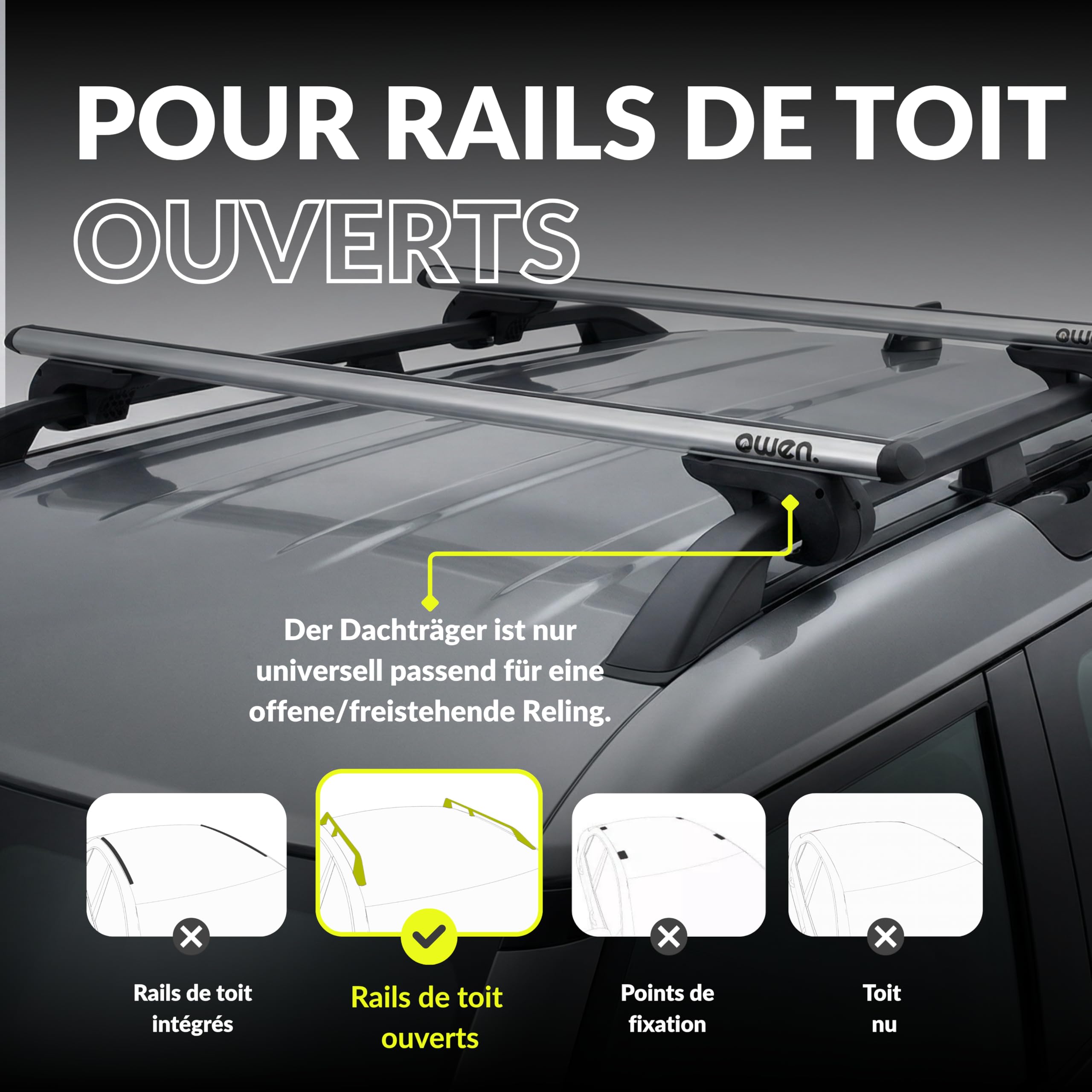 OWEN 5.0 Barres de Toit Transversales | 120 cm | Aluminium Argent | 90 kg | pour Rails Ouverts | Aérodynamique & Sécurisé | Installation Facile | Porte-Bagage Universel