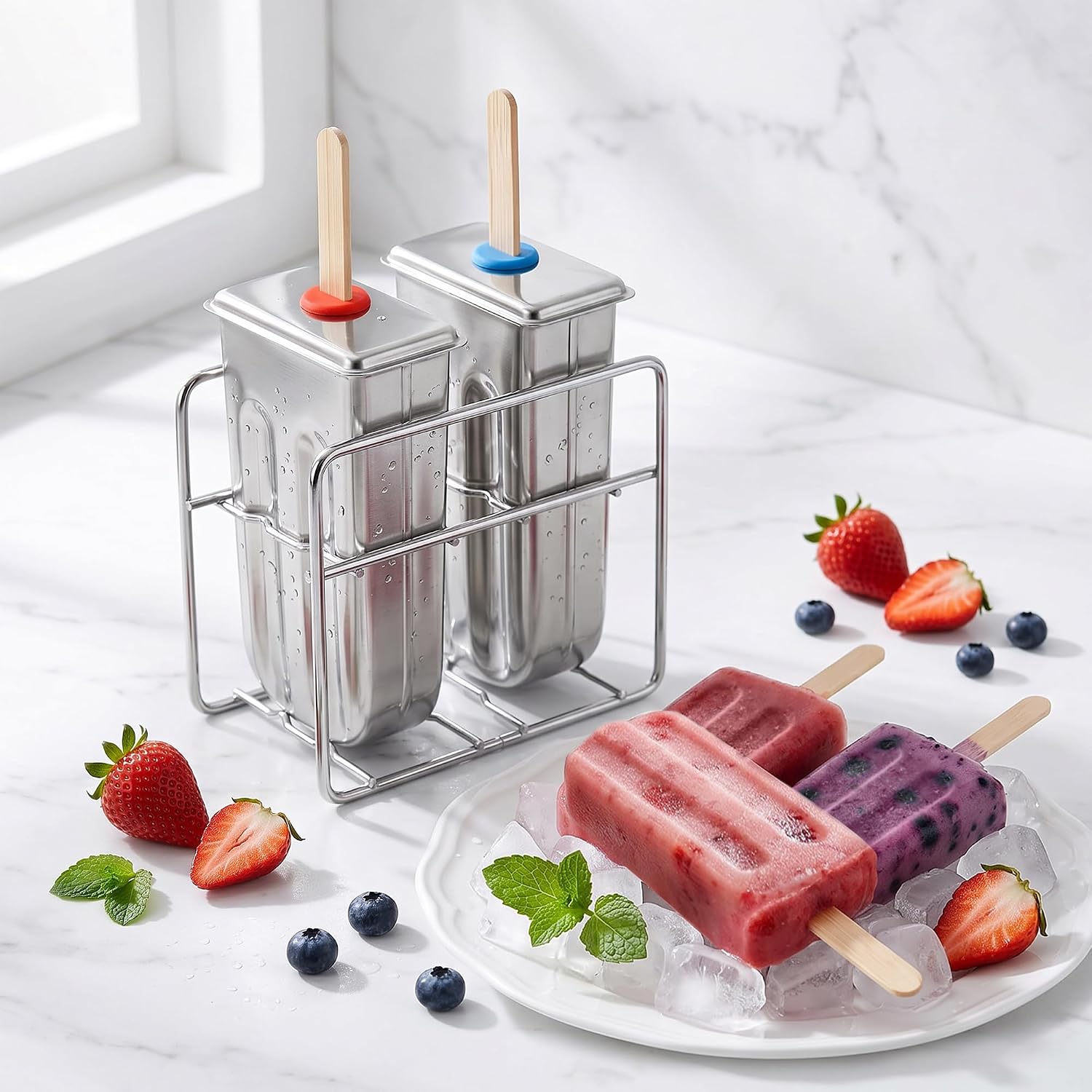 Stainless Steel Popsicle Molds Set, 2PCS Round Head Double Groove Ice Pop Maker with Rack, DIY Ice Cream Molds with 50 Wood Sticks, 20 Bags & Cleaning Brush, BPA Free, Silver