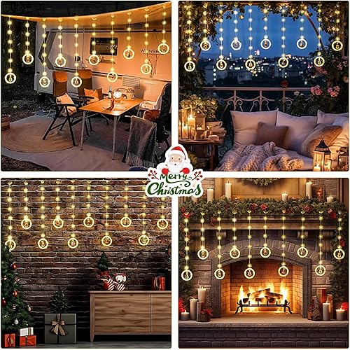 Miniatura 6 de BLOOMWIN Luces de Navidad para ventana, 10 pies, 120 luces LED de cortina con copos de nieve y adornos de figuras, guirnalda de luces de hadas,