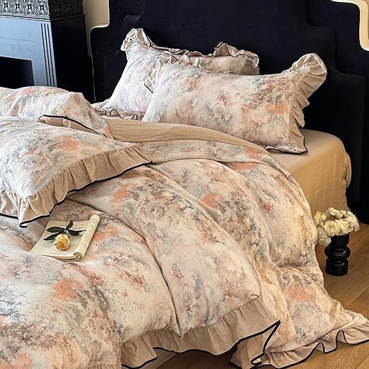 VM VOUGEMARKET Full Duvet Cover with Romantic Ruffles Breathable Muslin Cotton,Soft Textured Gauze Weave Comforter Cover with Zip Closure and Corner Ties- 80"x90"