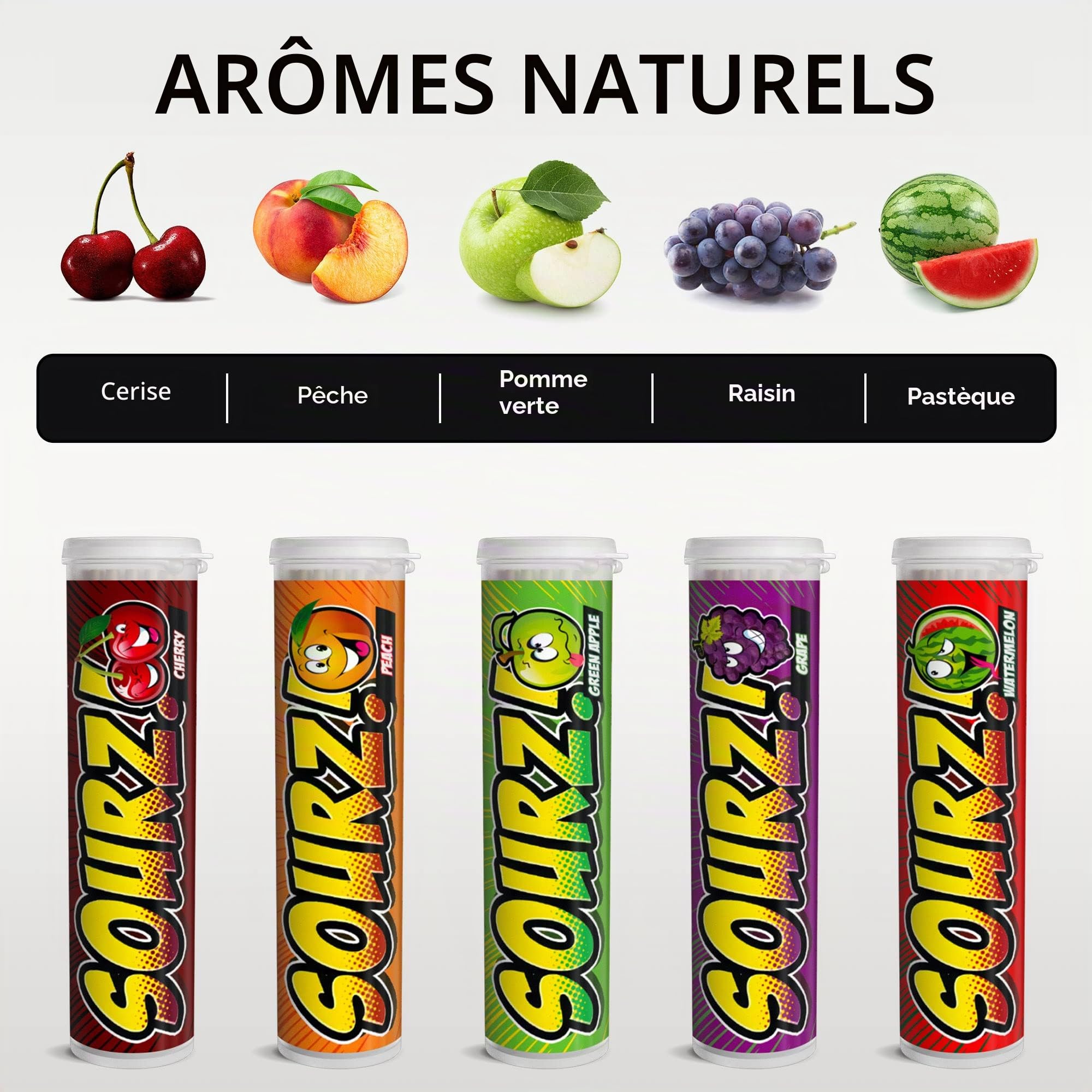 Xero Picks - Cure-dents aromatisés infusés Sourz - Sans sucre - Pomme aigre, raisin aigre, cerise aigre, pastèque aigre, pêche aigre - Lot de 5 - 20 pics par