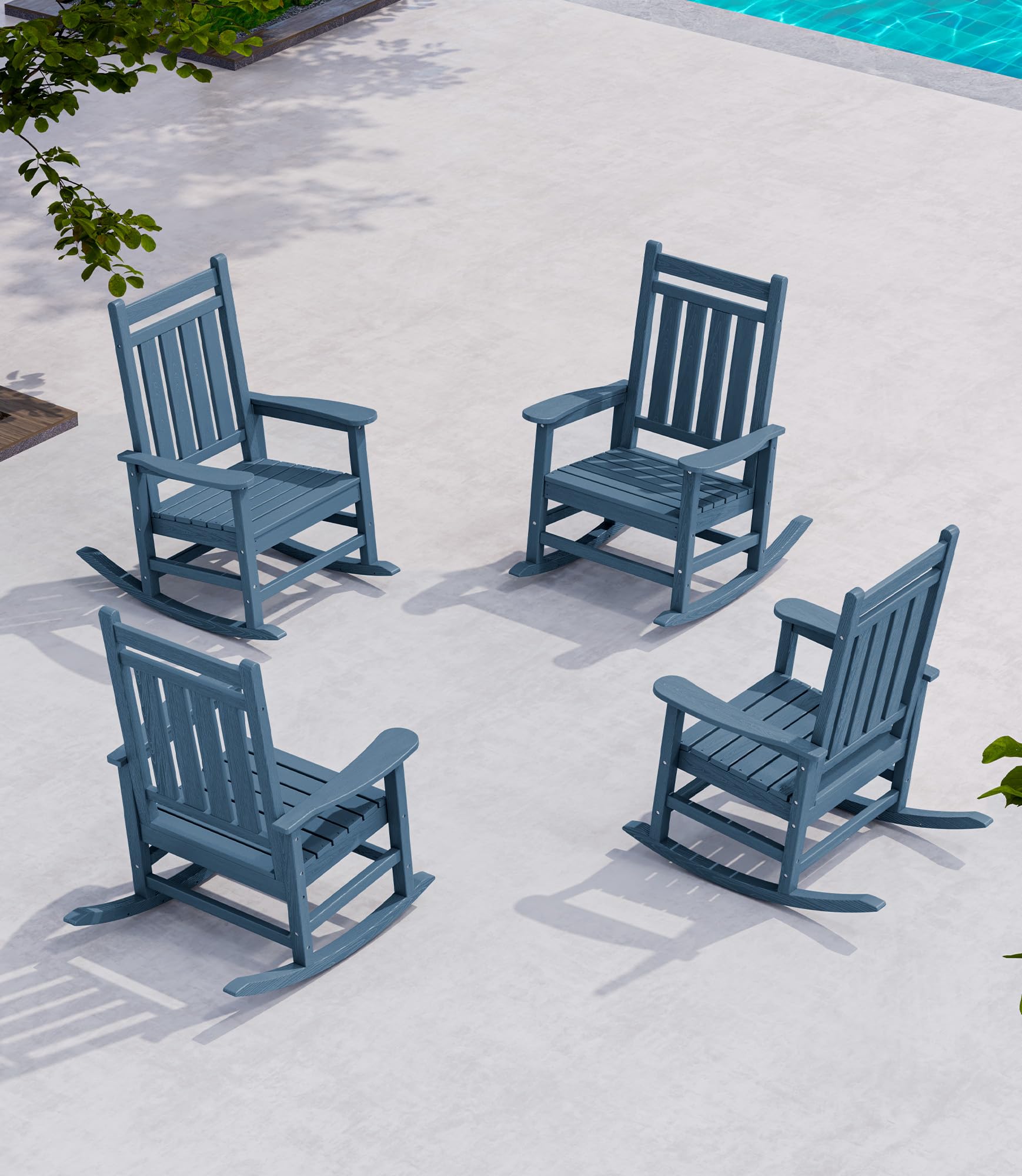 SERWALL Outdoor Rocking Chair Set of 4, HDPE Rocker for Adults, Blue