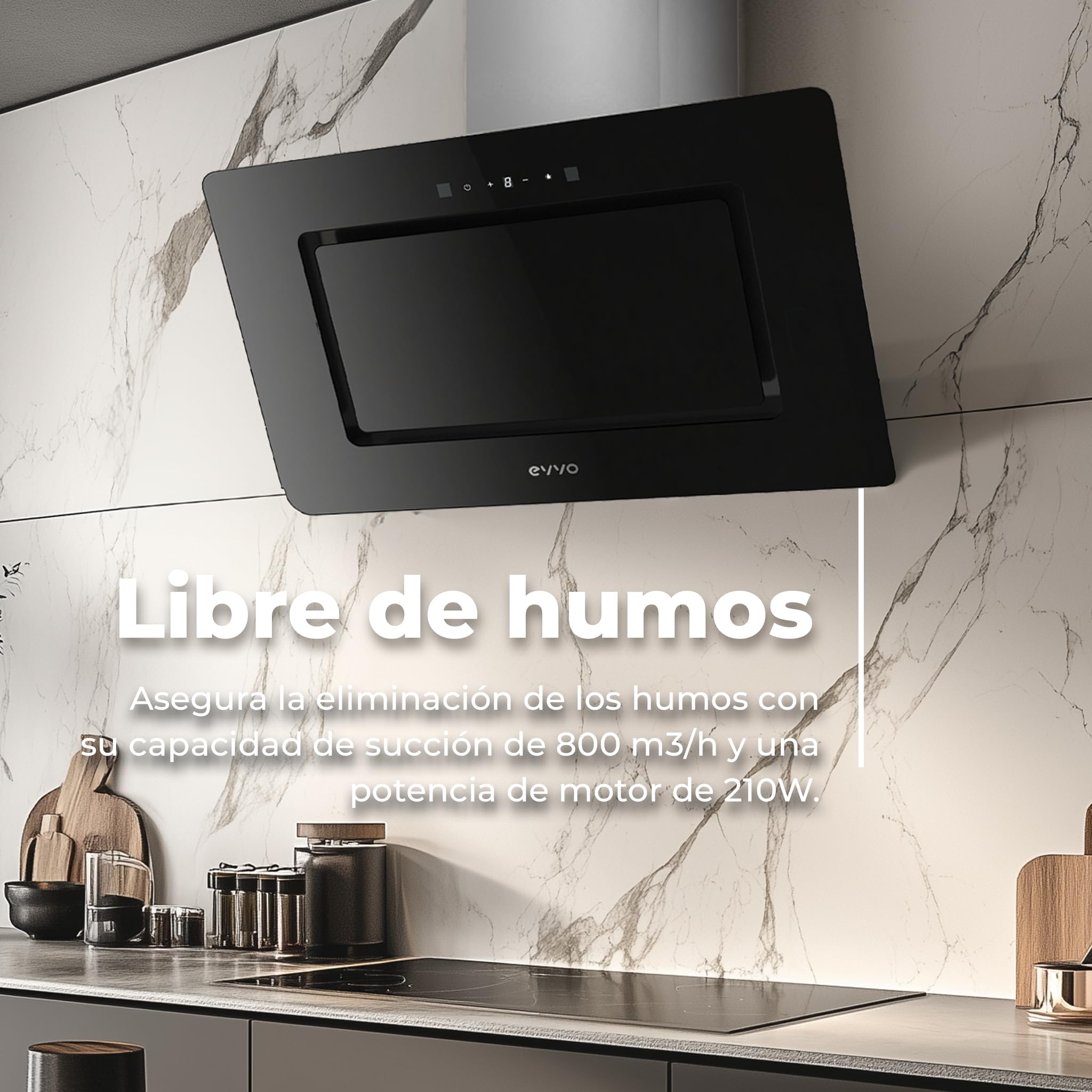 EVVO Campana Extractora 60 cm de Ancho Decorativa, Potencia 800 m³/h, Control Táctil y Gestual, Filtro de Aluminio y Carbón Activo, Eficiencia Energética A++