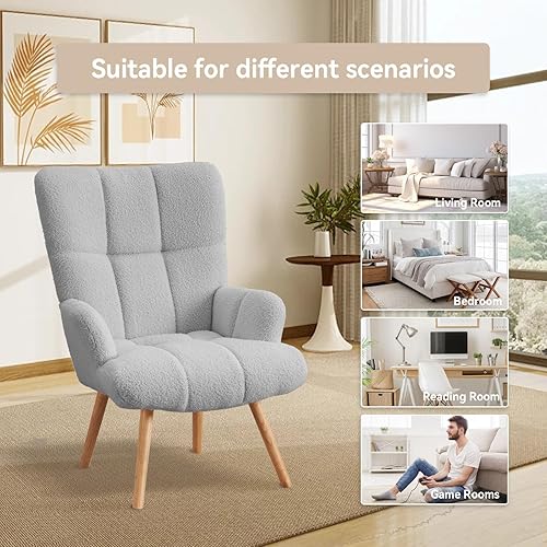 Miniatura 6 de Joysoul Silla decorativa moderna, silla con brazo de respaldo alto con patas de madera, asiento de sofá, silla de lectura de tela polar para sala de
