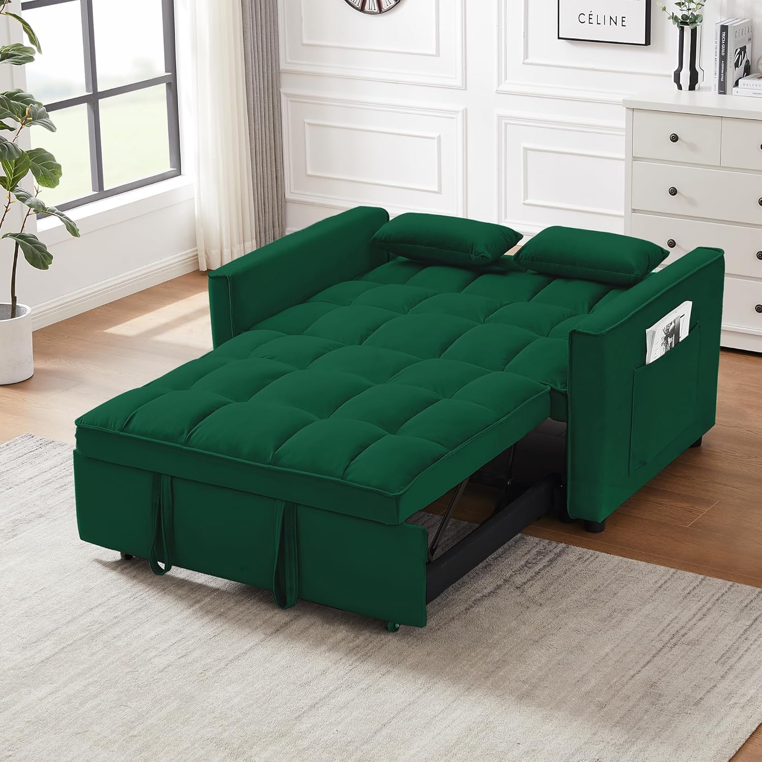 Sleeper Sofa Bed,55 Inch Convertible 3-in-1 Pull Out Bed with Side Pockets Velvet Fabric Loveseat Sleeper Sofa with Adjustable Backrest for Living Room,Bedroom,Apartment and Small Space(Green)