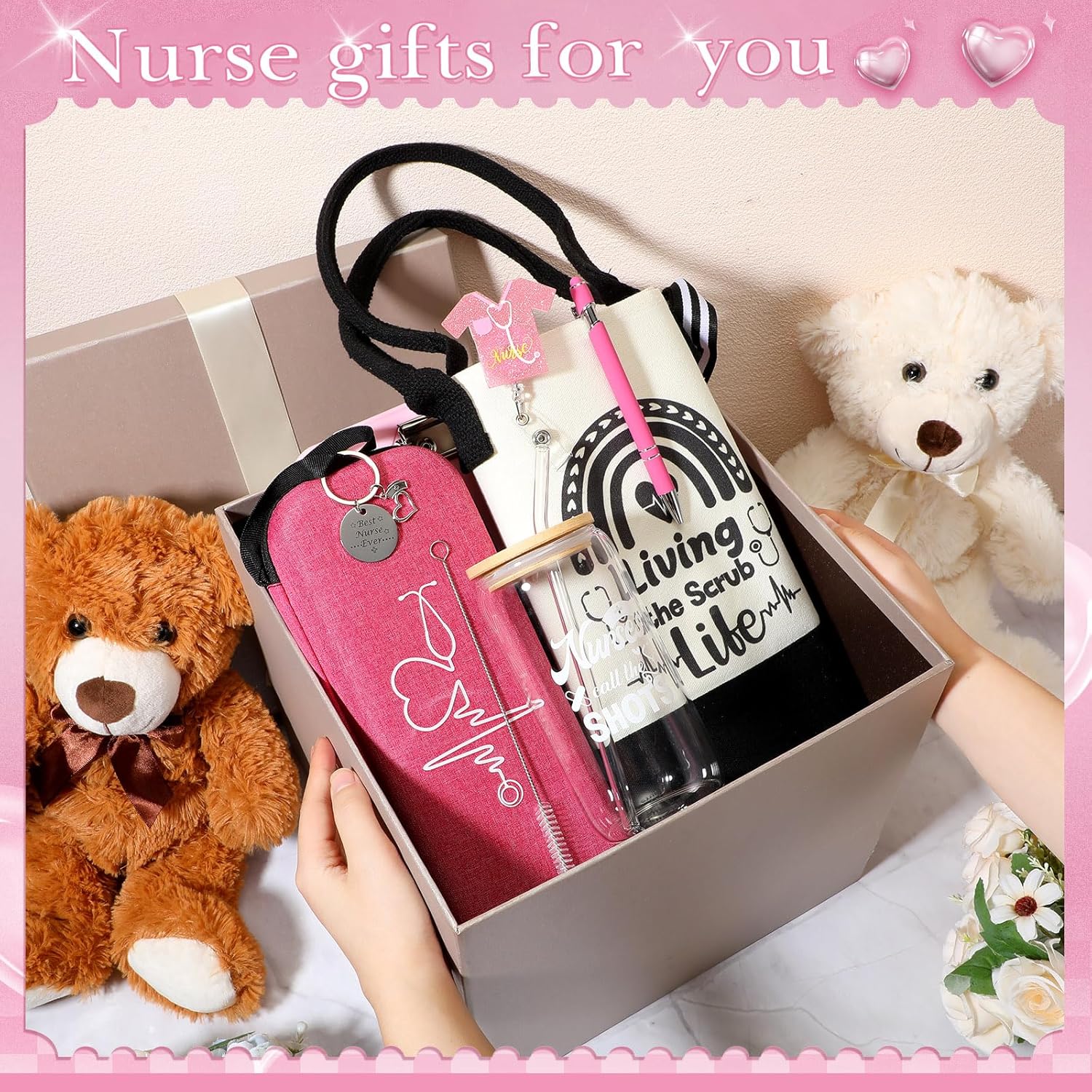Teenyyou 7 Pcs Nurse Gifts for Women Set Rn Appreciation Set Nurses Week Nurses Winter Gift Include Tote Bag Stethoscope Case Ballpoint Pen Badge Reel Clipboard Keychain(Pink,Cute Style)