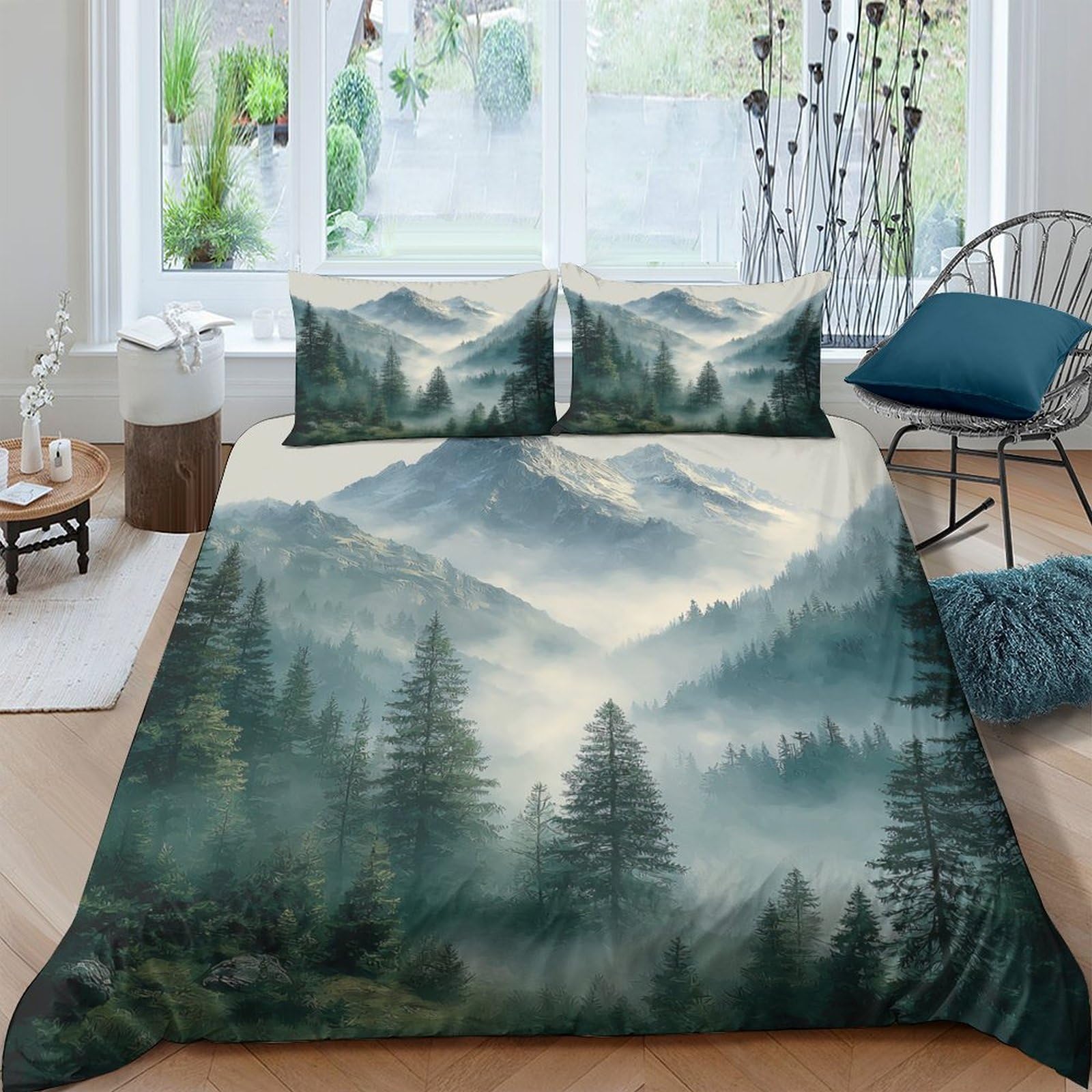 Ctjqhvkz Style-3 3D Printed Misty Forest Fitted Sheet Microfiber Soft Green Mountain Mattress Cover For Bedroom Guest Room Decor Single（135X200cm）